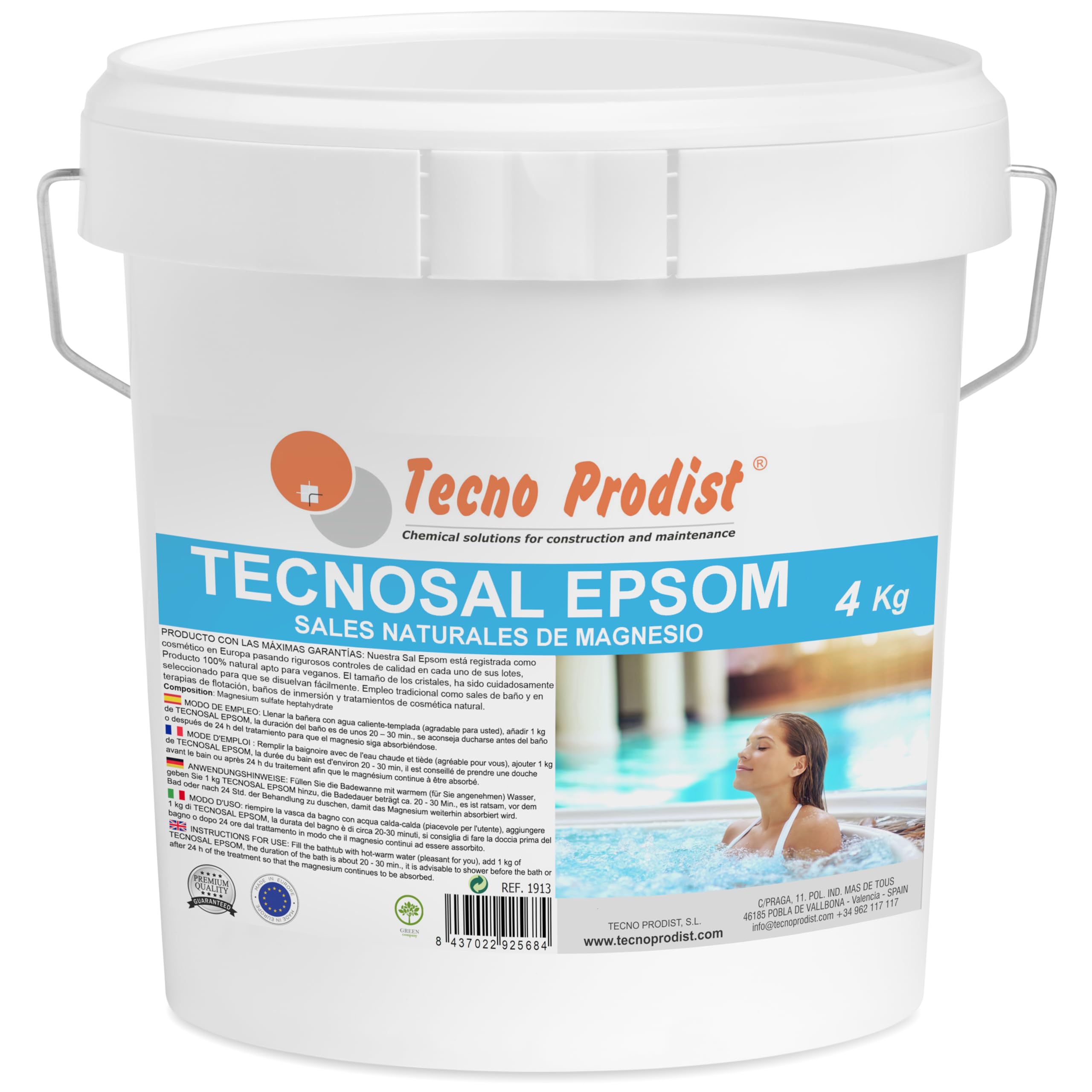 TECNOSAL EPSOM de TECNO PRODIST (4 kg) Sales de Epsom, sal de baño, tratamiento corporal 100% natural, terapias flotación, baños de inmersión, piscinas