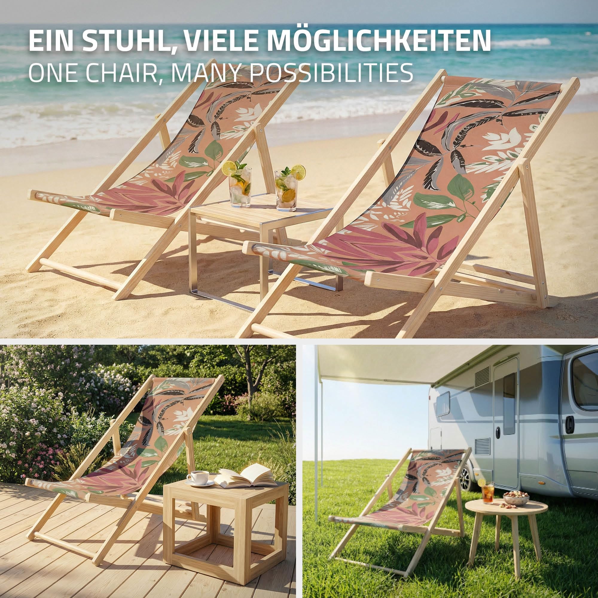ECD Germany Zestaw 2 Lezak Skladany Drewniany plazowy Floral brazowo-czerwono-zielony do 120 kg z 3-stopniowa regulacja oparcia krzeslo relaksacyjne balkon taras ogród komfortowy stabilny i praktyczny