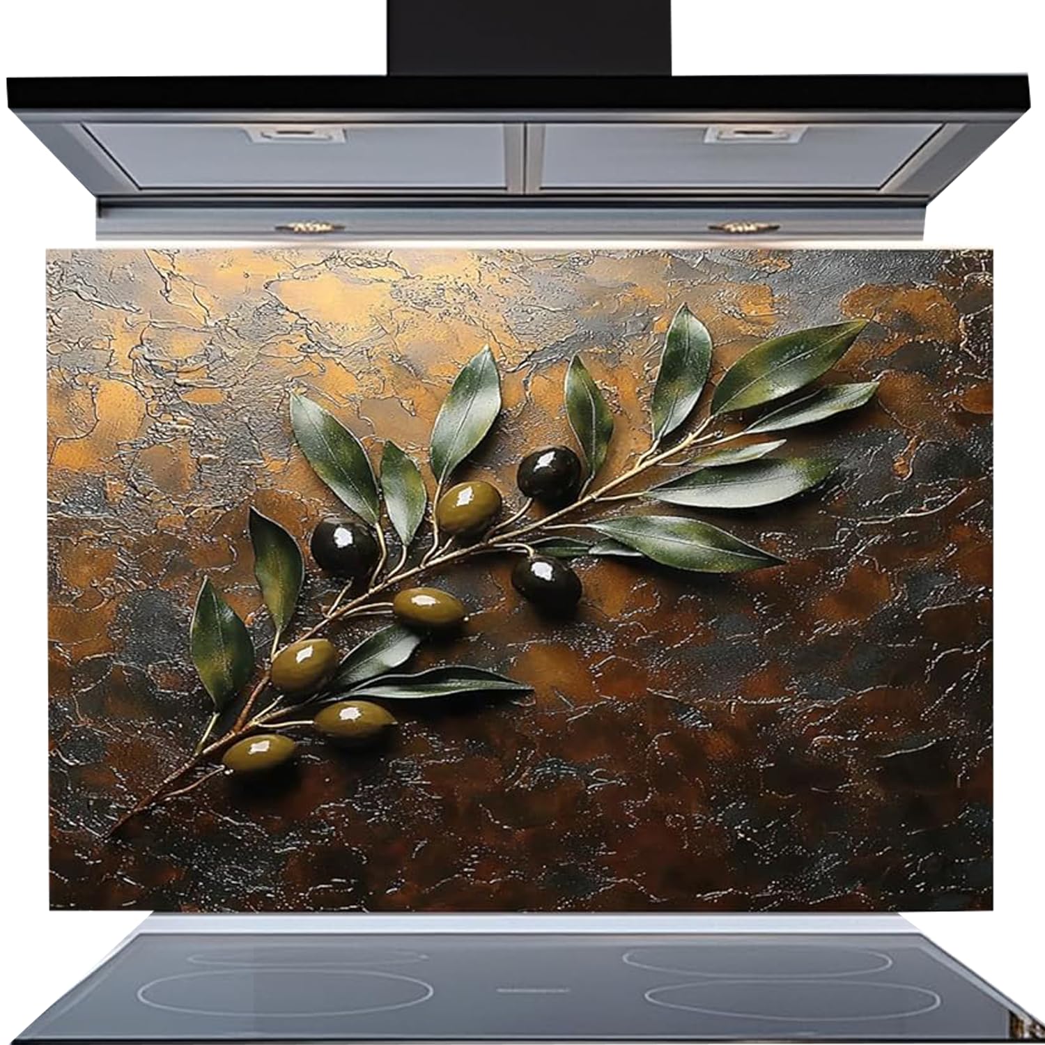 Tempered Glass Backsplash for Kitchen, Olive Branch Copper Design Glass Backsplash, Copper Look Backsplash for Kitchen Wall, Rustic Kitchen Backsplash, Easy to Install Stove Backsplash