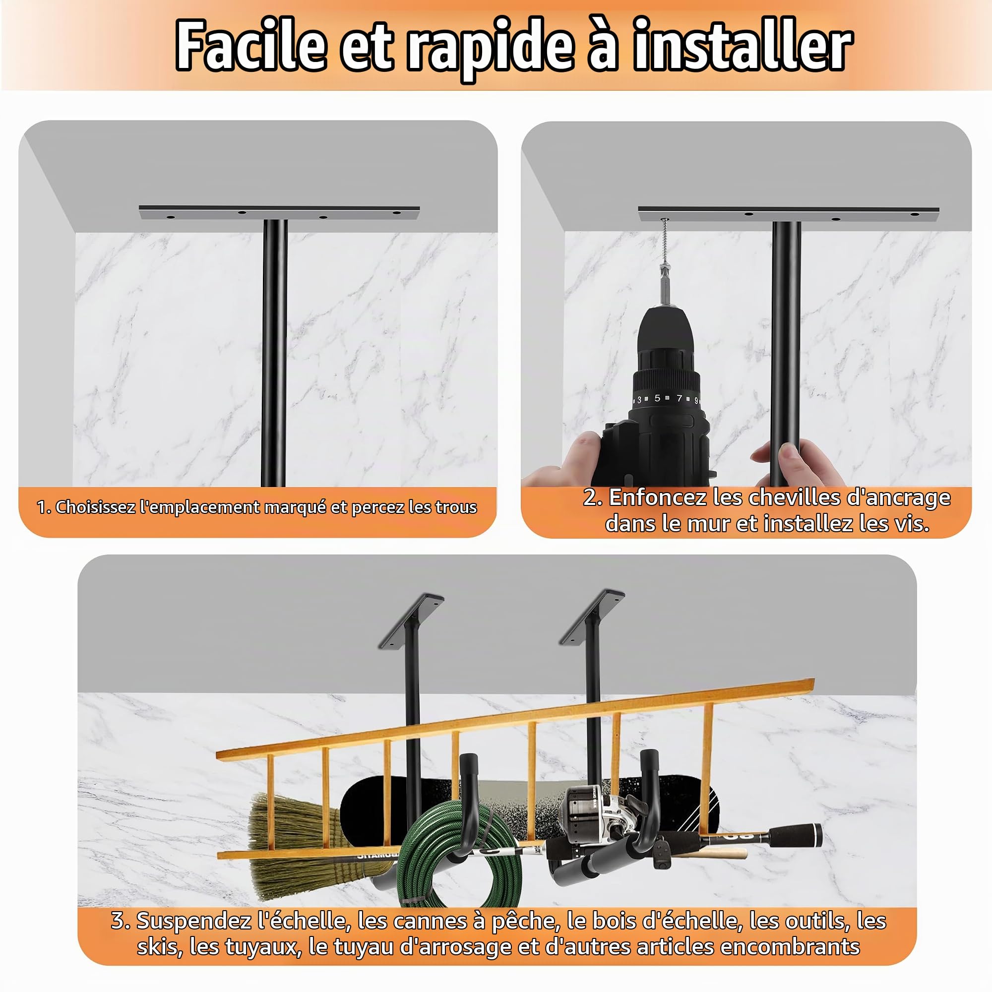 Sinoer Crochet de rangement de plafond de garage en acier, support de rangement robuste pour bois suspendu, vélos, outils, bois, système de rangement robuste, (2 paquets, noir)
