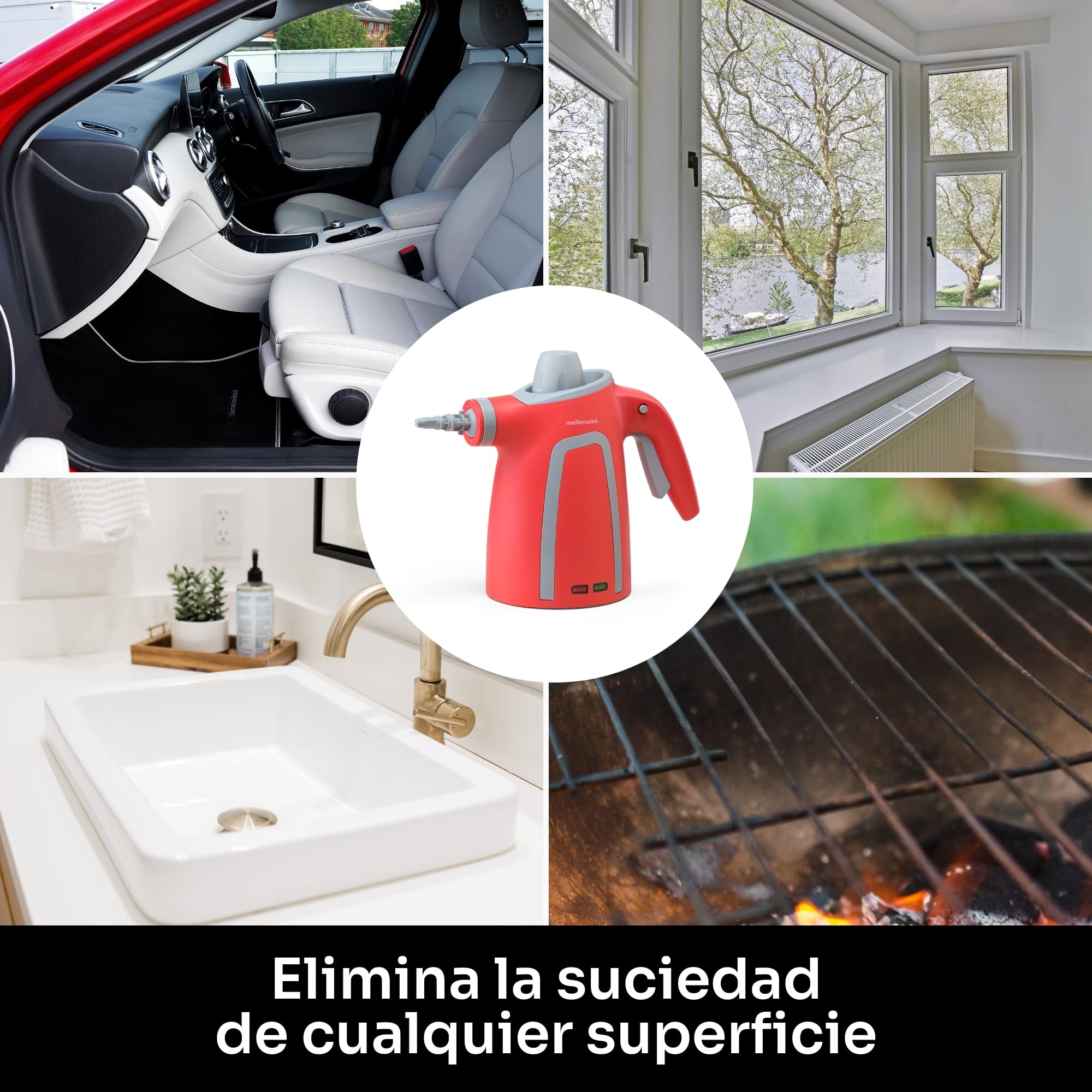 Mellerware Limpiador a Vapor de Mano Fush! 1050W Vaporeta de Limpieza Hogar 380mL 9 Accesorios