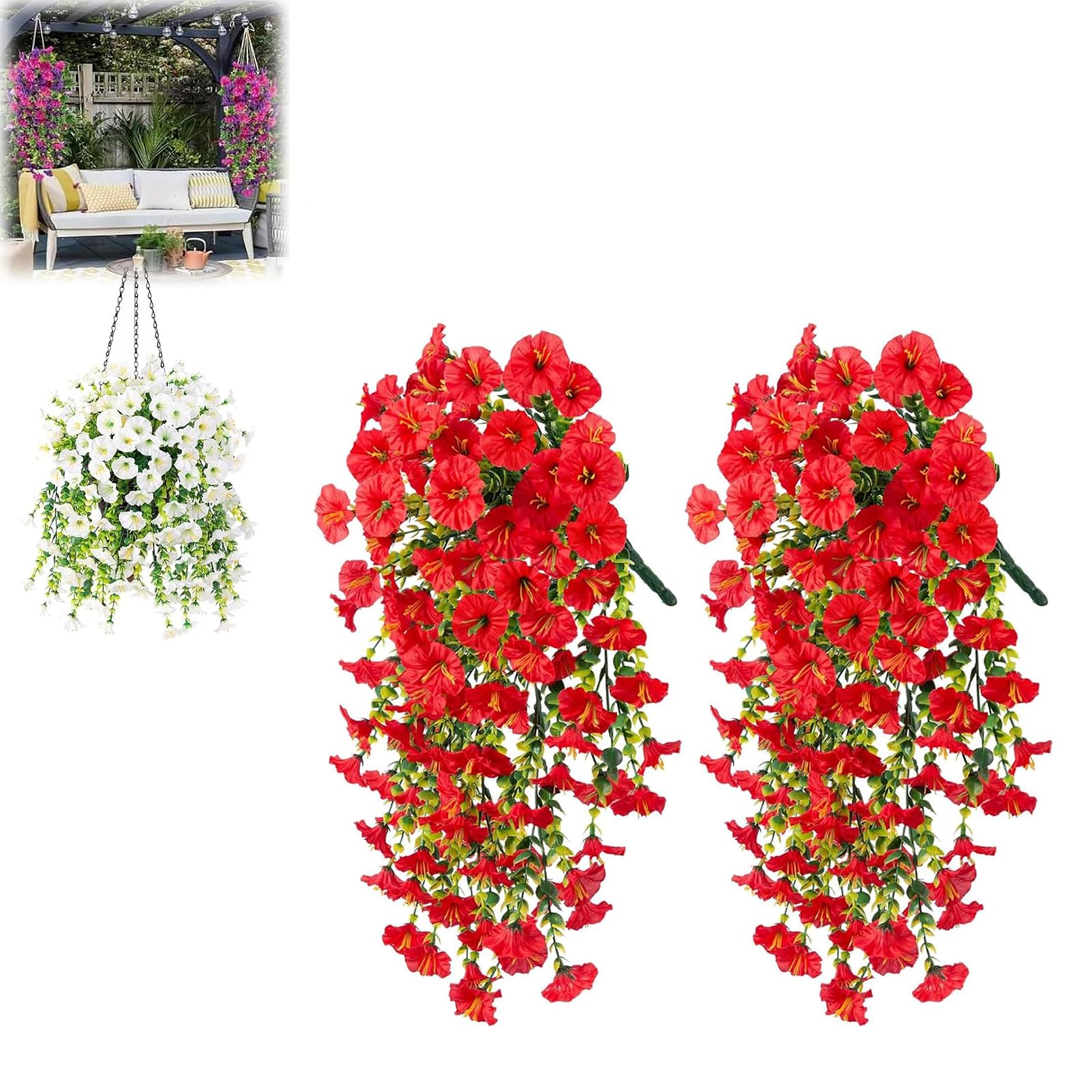 Kouamor Red 2Pcs Plastic Flowers For Outdoors, 75Cm Artificial Hanging Flowers, Faux Hanging Baskets, Artificial Hanging Baskets, No Fade Plastic Flowerss Decoration, For Garden Porch Window (Red)