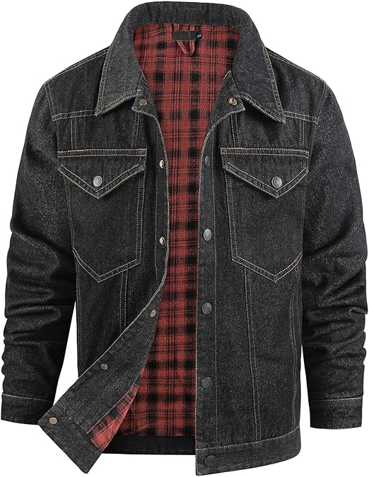 Flygo Mens Flannel Lined Denim Jacket Snap Cowboy Cut Western Classic Slim Fit Vintage Heavy Duty Jacket Trucker Coat
