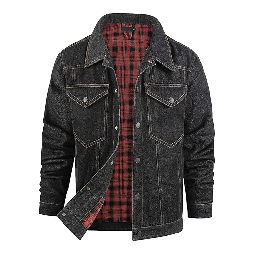 Flygo Jaqueta jeans masculina forrada de flanela, corte caubói, estilo ocidental, clássica, justa, vintage, resistente, casaco de caminhoneiro