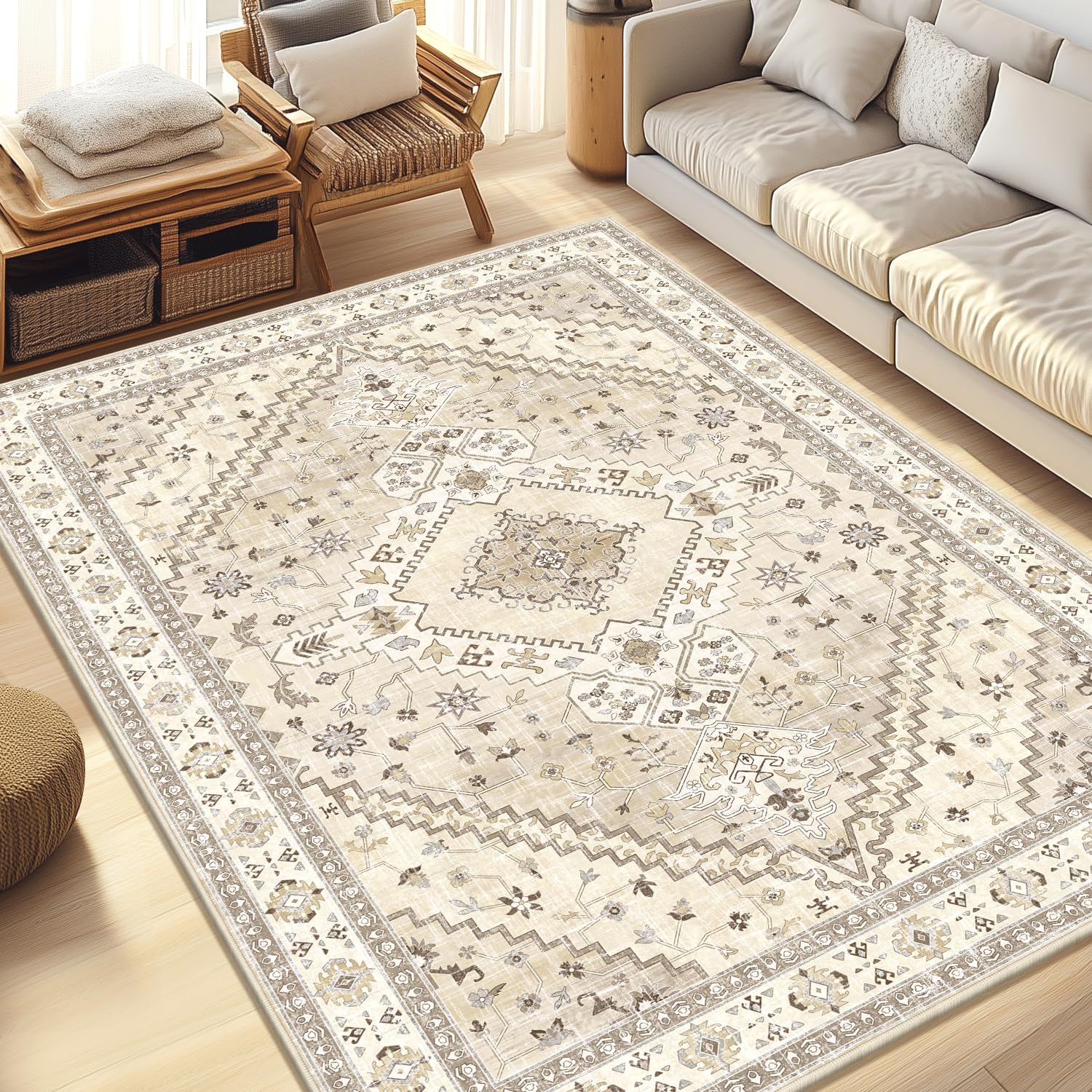 yamaziot washable area rugs 5x7  non slip boho vintage rug for bedroom low pile floor carpet soft distressed rug for living room bedroom dining room beige brown