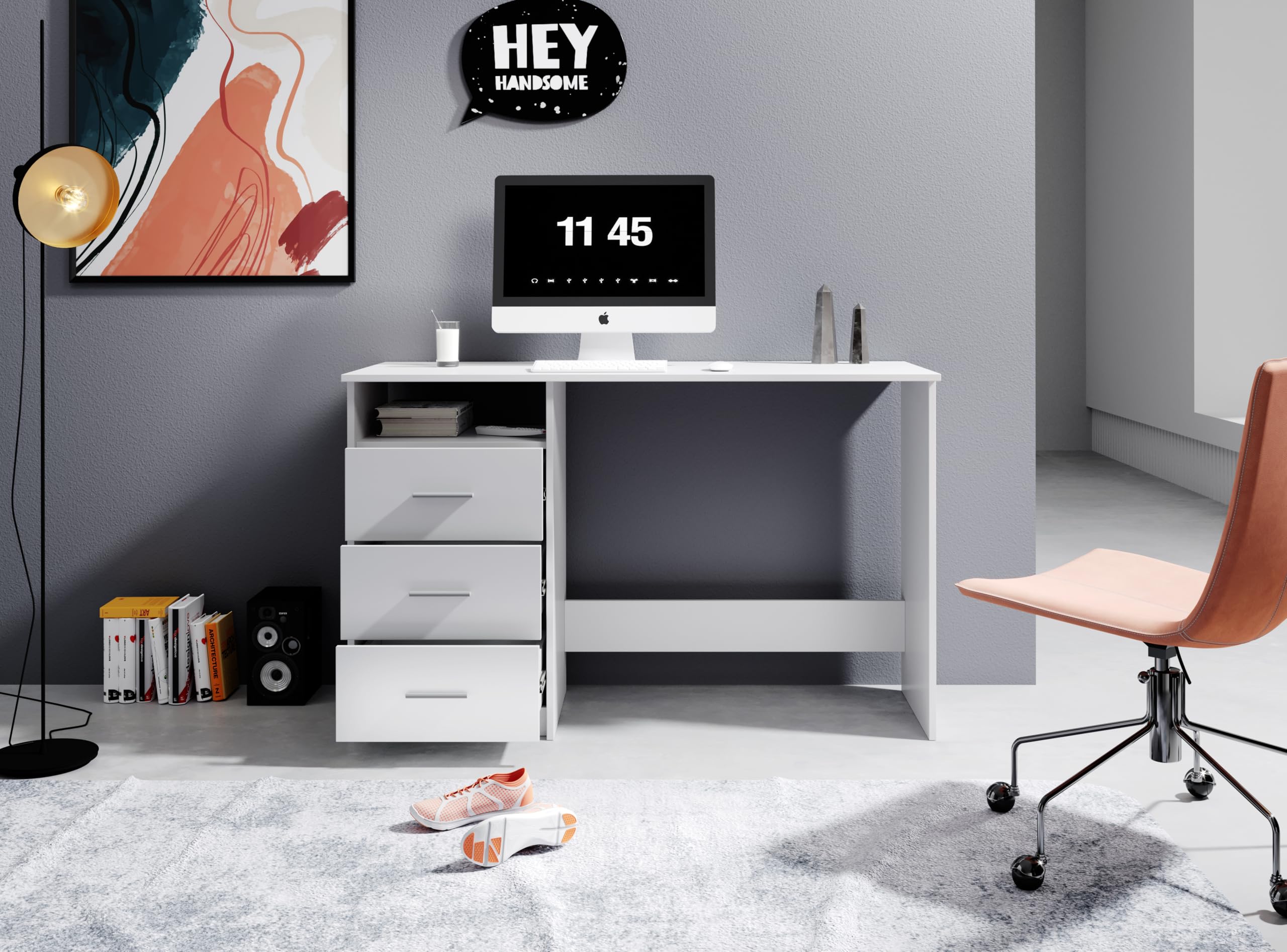Scrivania con Cassetti 120 cm Bianca 123x50x77 cm | 3 cassetti integrati, ampio piano di lavoro, design moderno, per ufficio, studio e cameretta