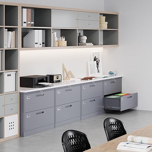 Miniatura 2 de MIIIKO Archivador lateral de 2 cajones para oficina en casa, archivador de metal gris con cerradura y barras colgantes, carpetas de archivos de