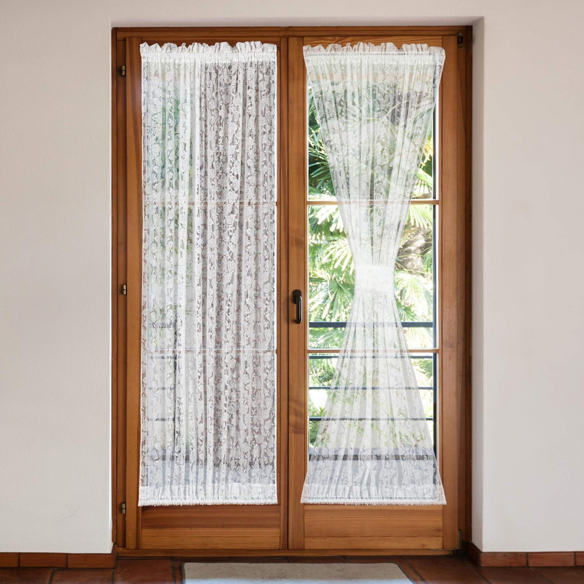 Moslovstar Semi Sheer French Door Curtain Sidelight Privacy Voile Curtains for Living Room Sliding Door with Tiebacks, 52" W by 72" L, Set of 2 White
