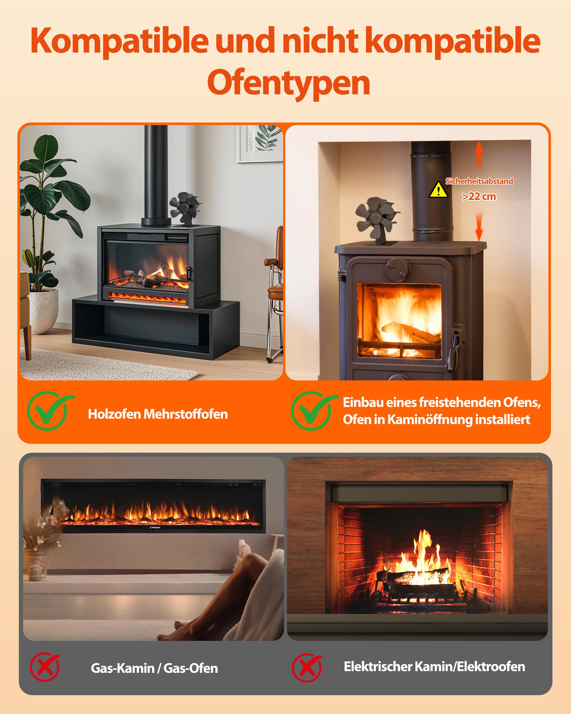Signstek Ofenventilator Kaminventilator ohne Strom für Warmluftzirkulation, Ofen Ventilator Wärmebetrieben, Leiser Kamin Ventilator mit 6 Flügeln, Kaminlüfter für Holzöfen/Kaminöfen/Holzkamin