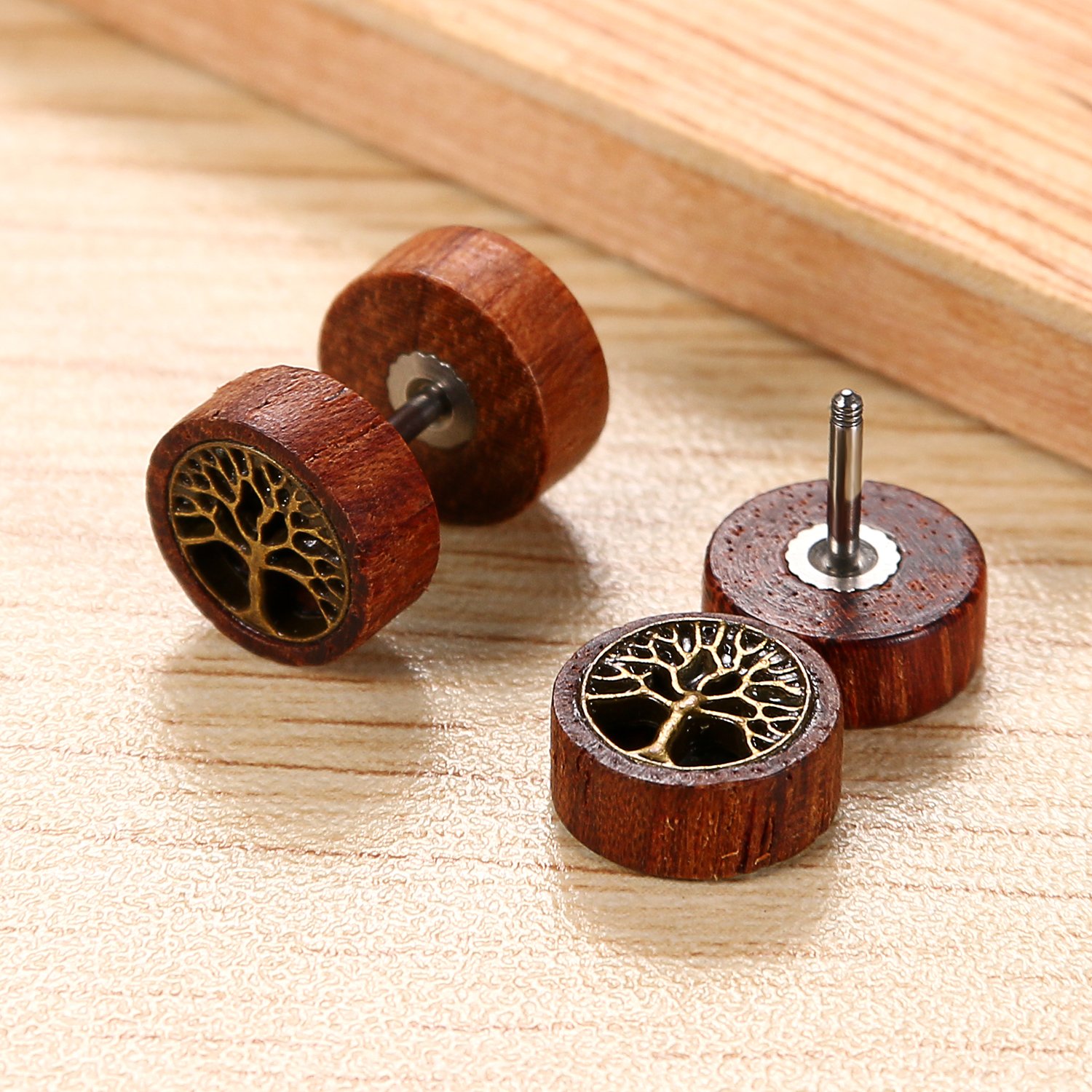 Flongo - Pendientes de acero inoxidable, madera, retro, árbol de la vida, león, cabeza de fantasía, pendientes de color marrón para hombre y mujer
