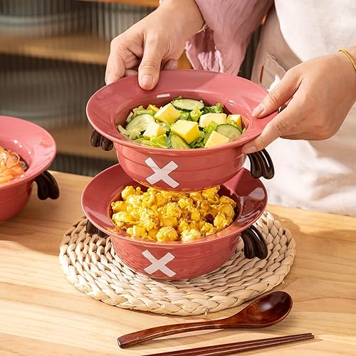 Miniatura 5 de KQZFAB Juego de 9 cuencos de cerámica para fideos instantáneos de anime, con sombrero de paja, apto para microondas y lavavajillas, color rosa