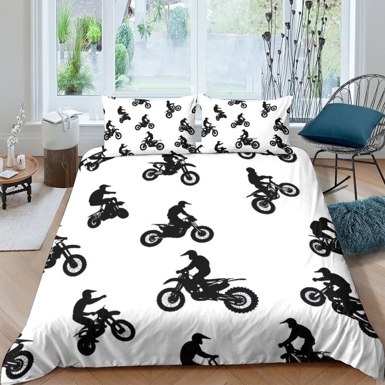 Ctjqhvkz Style-4 3D Printed Motocross Silhouette Fitted Sheet Microfiber Soft Black White Motorcycle Bed Cover For Bedroom Guestroom Decor Single（135X200cm）
