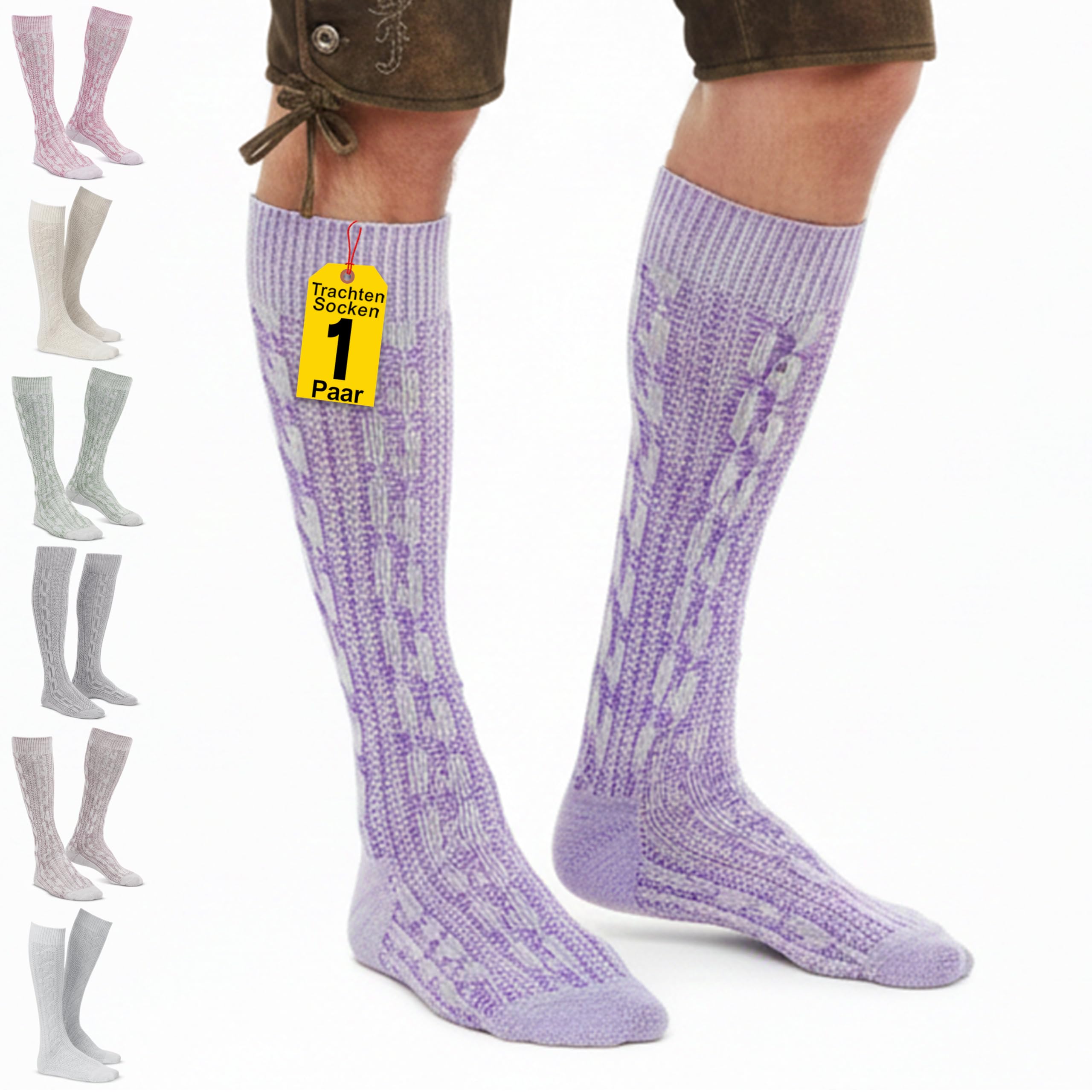 Trachtensocken klassisch 40cm Lang - Trachten Strümpfe Passend zu kurze Trachtenhosen & Kniebundhosen - Edel gestrickte Socken mit Zopfmuster - aus Baumwolle für Damen & Herren Lila/Natur - 38-40