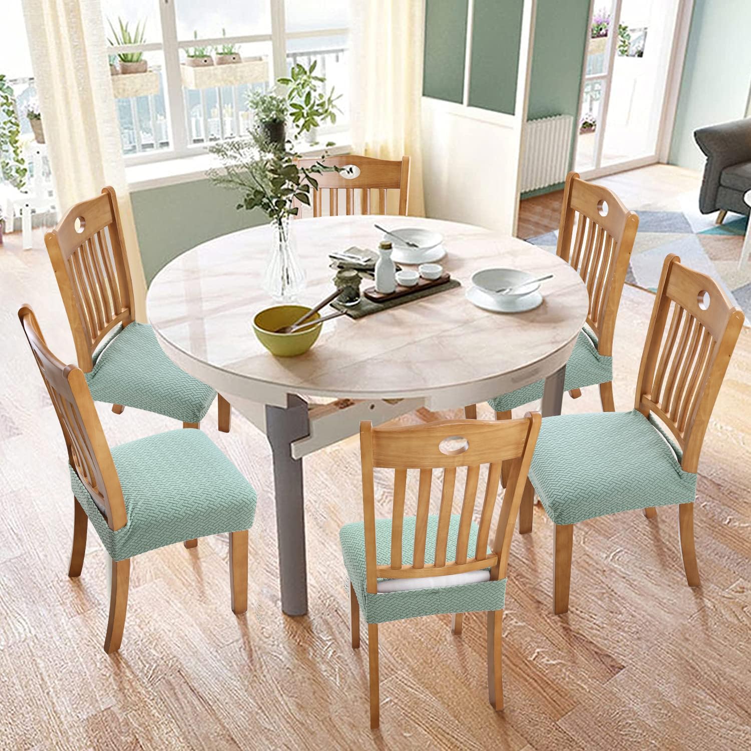Fuloon Stretch Waterproof Chair Seat Covers 6 PCS, Removable Washable Dining Room Chair Covers Anti-Dust Seat Cushion Slipcovers for Bedroom, Kitchen, Hotel, Banquet (I-Sage Green, 6)