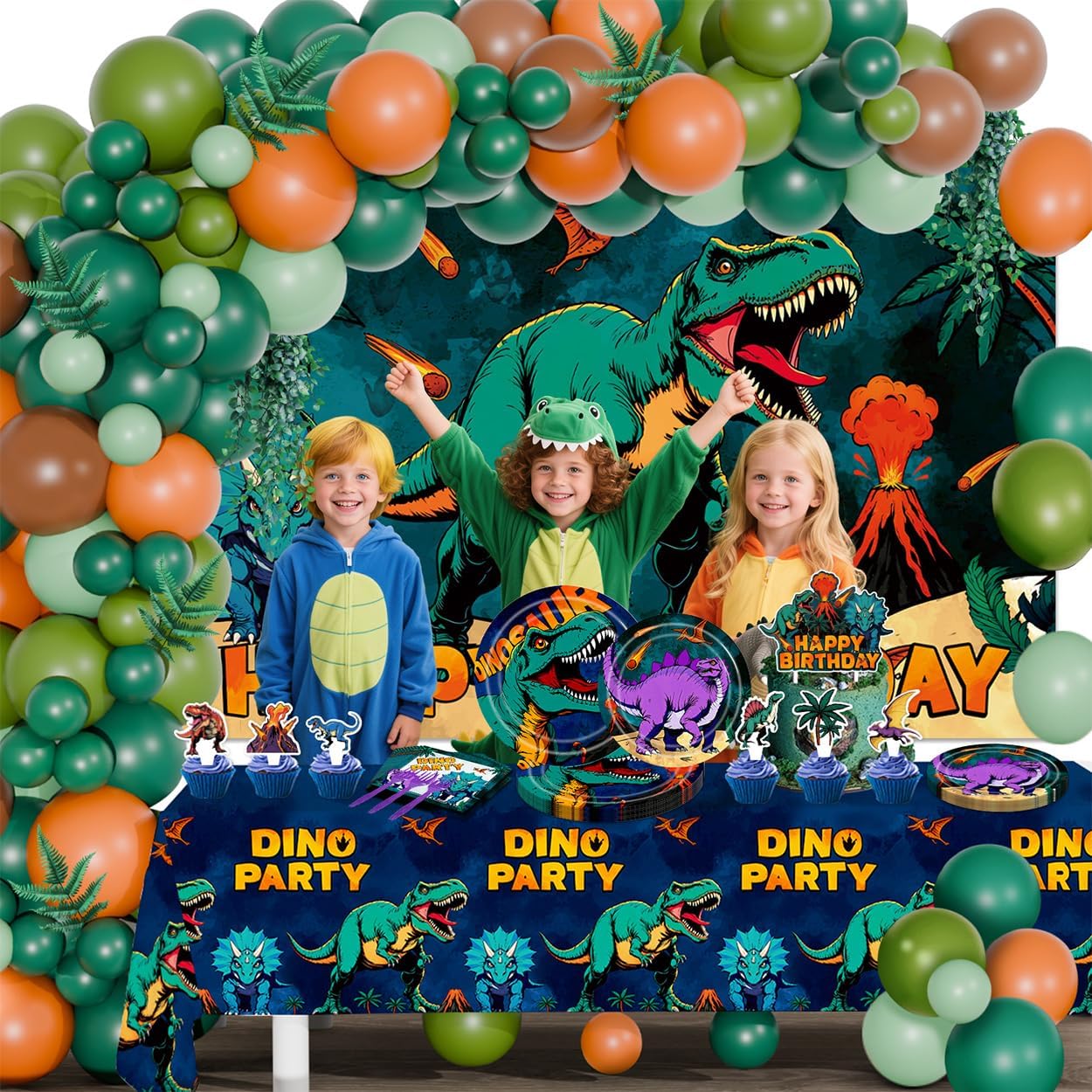 150Pcs Dinosaur Birthday Decorations Dinosaur Themed Party Decorations Set Includes Banner Backdrop Tablecloth Balloons Plates Forks Cake Toppers Cupcake Toppers - Image 2