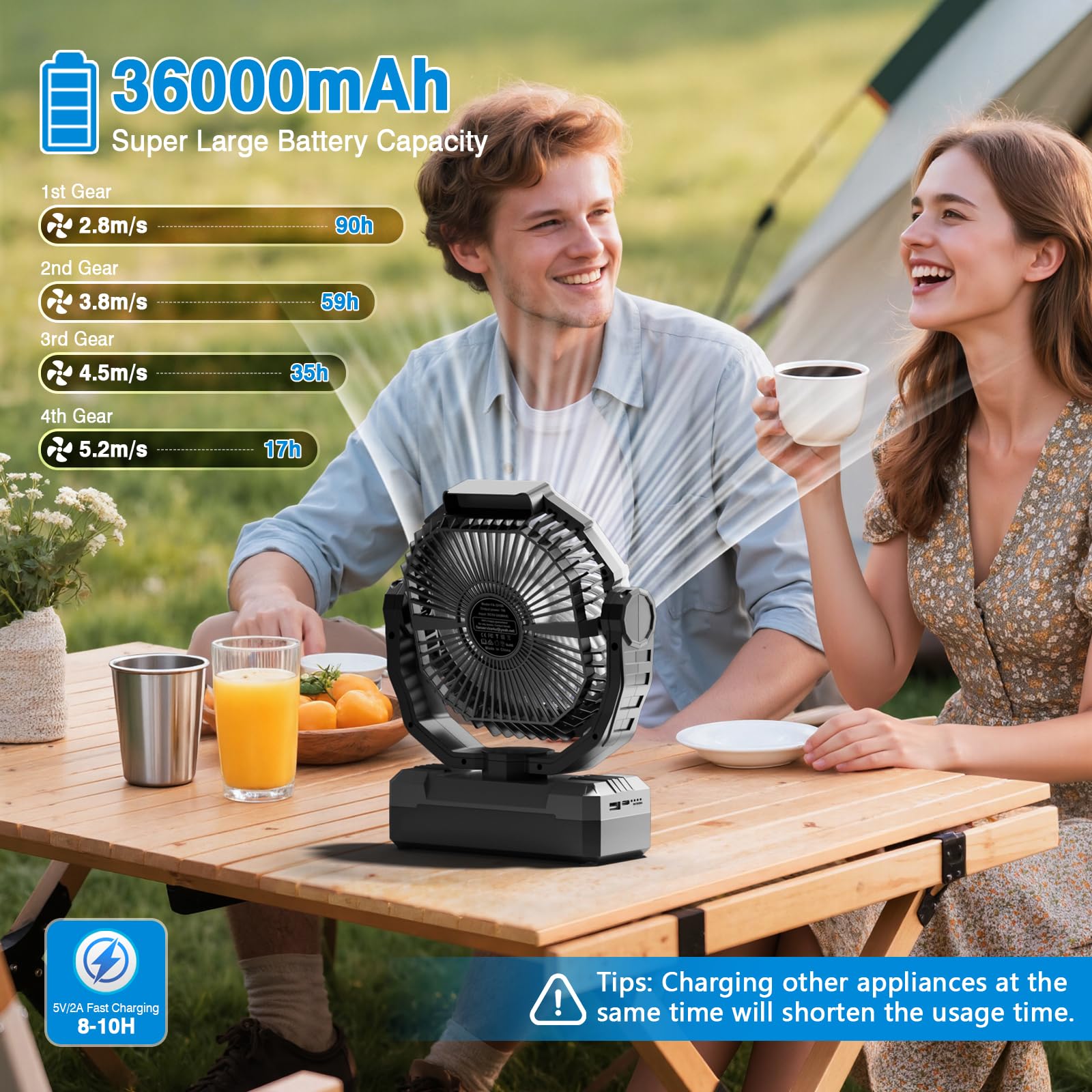 FRIZCOL Ventilatore da campeggio 3 in 1, portatile, ricaricabile, 36000 mAh, alimentato a batteria, con luce e telecomando, per interni, esterni, tenda, viaggi, pesca, cantiere, regali per uomini