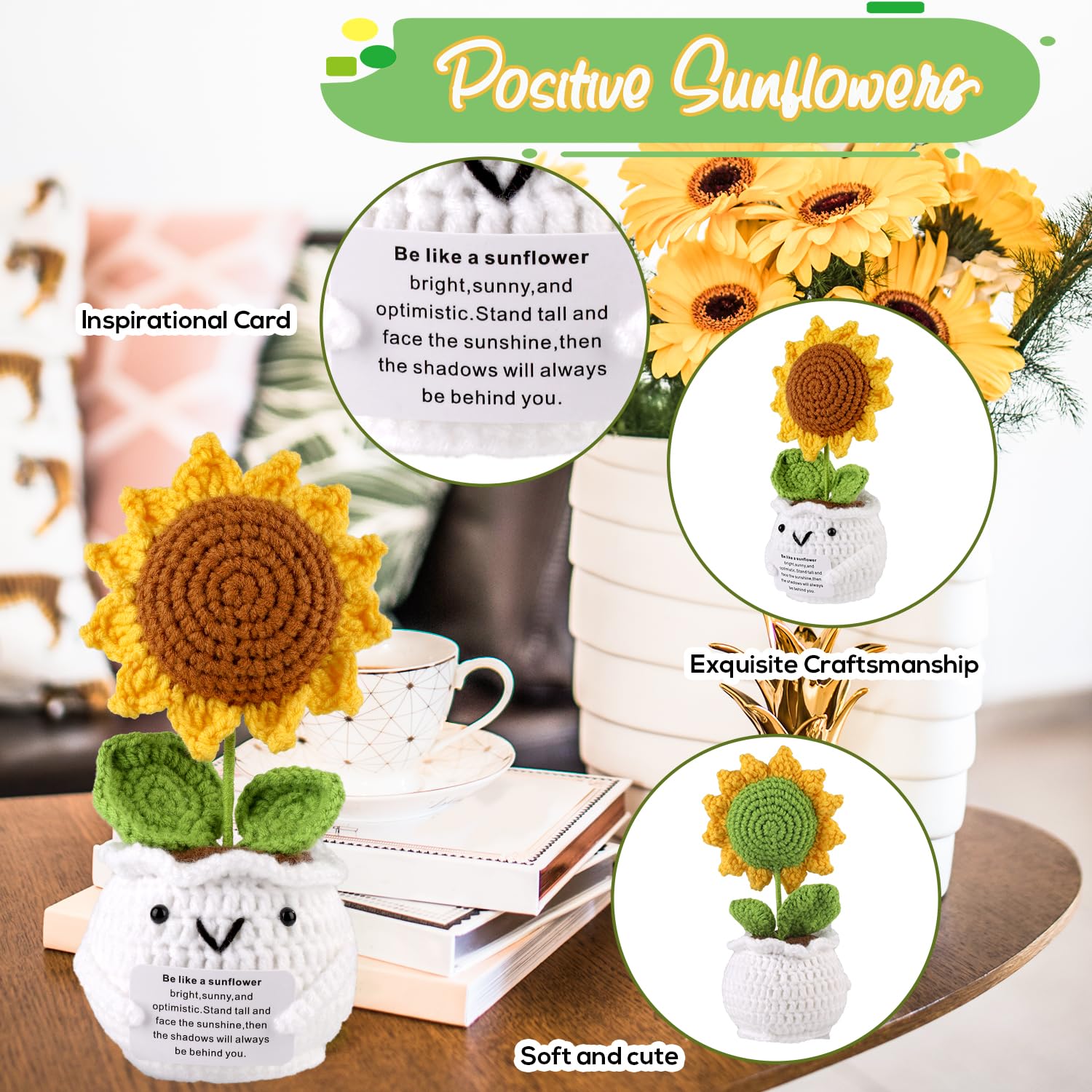 Crochet Emotional Support Sunflower - Positive Message Potted Plant With Encouraging Note