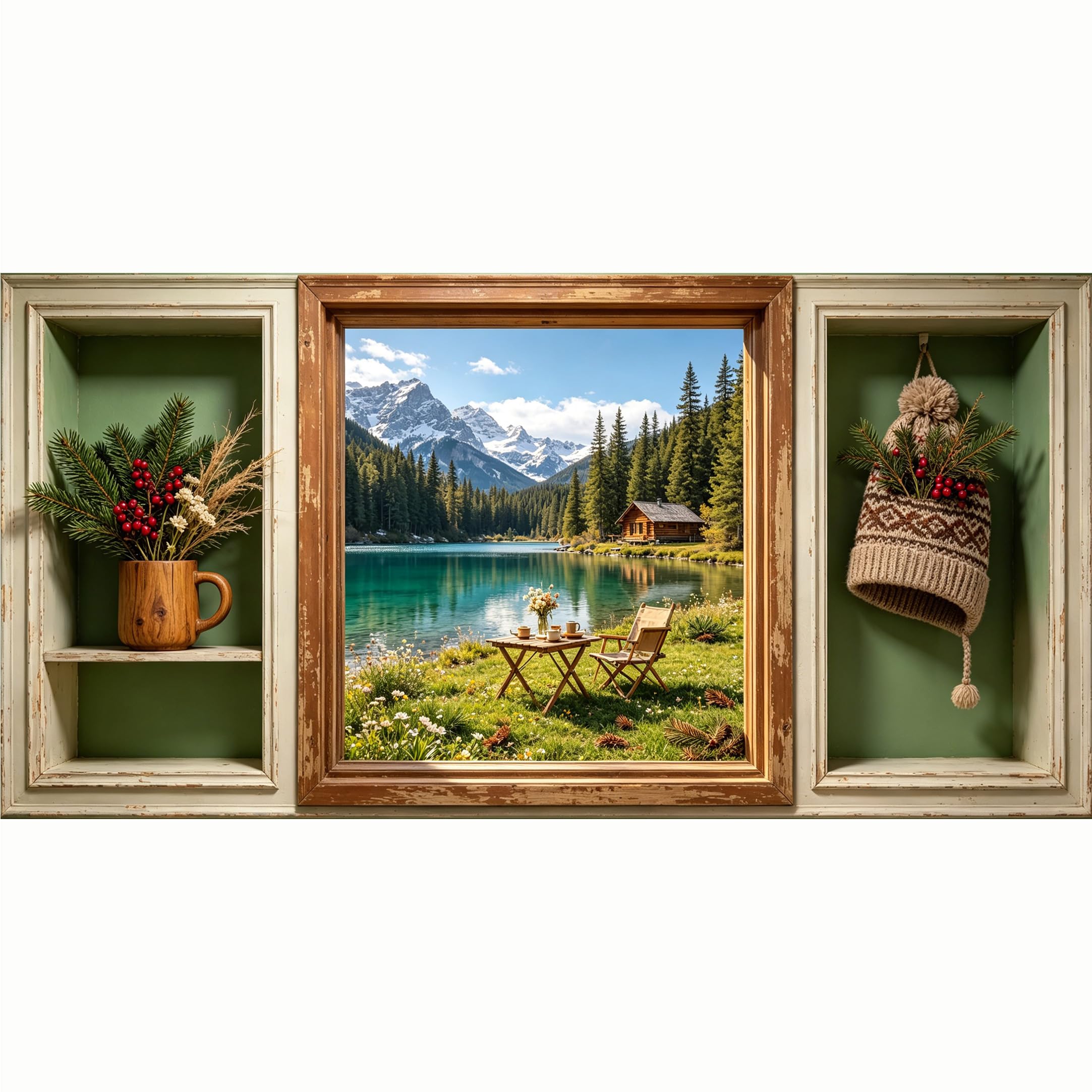 QZLITHOTIC 50x100cm 3D Framed Wall Art， Snowy Mountain Lake Cabin Landscape Self‑Adhesive Mural， Water‑Activated Peel & Stick Fabric Decor Wall Decal for Bedroom Living Room