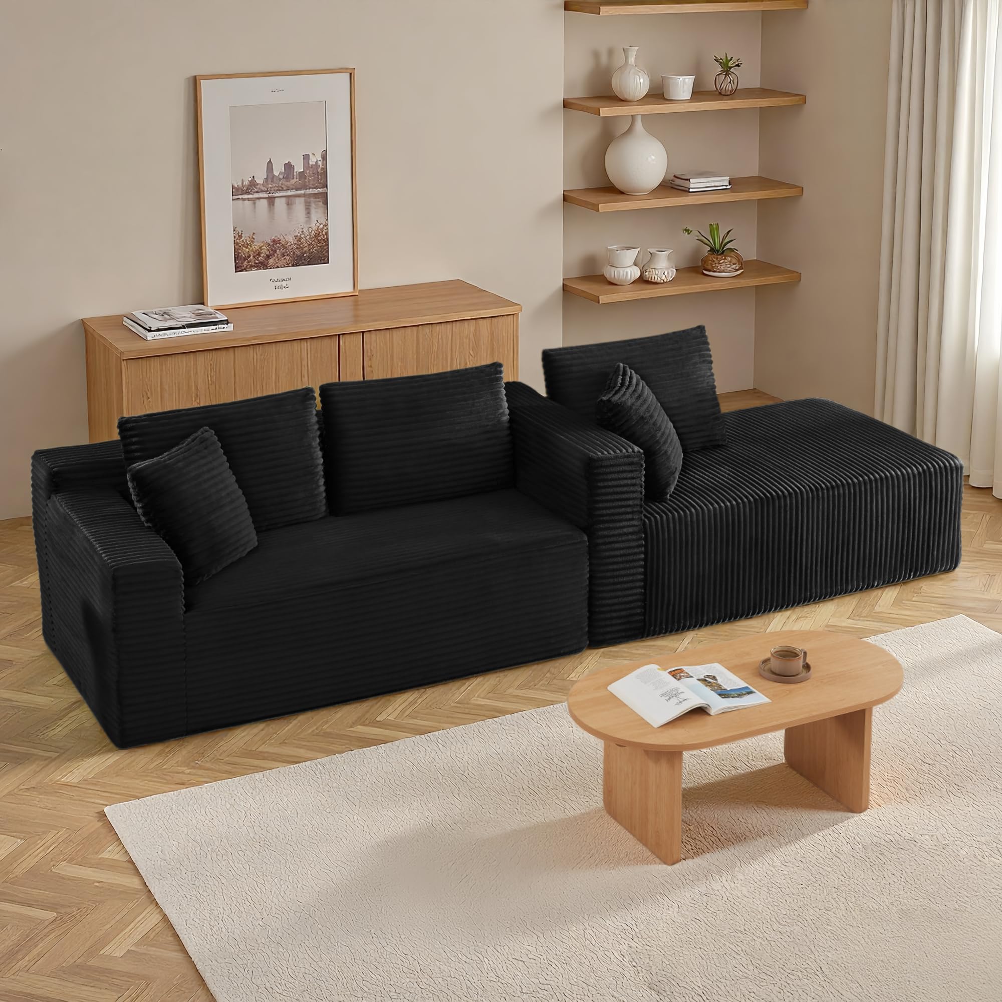 Sapgaks - Sofá esquinero convertible en L, sofá de 3 plazas de pana, sofá convertible de espuma viscoelástica para la sala de estar, dormitorio, apartamento, B-negro
