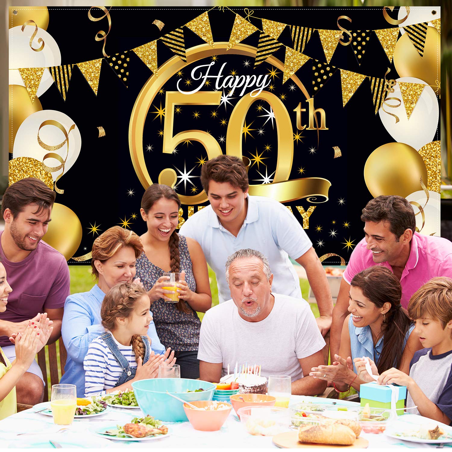 Happy Birthday Banner – Schwarz-goldener Fotohintergrund, 44,3 X 184,9 Cm, Aus Polyester Für Partys