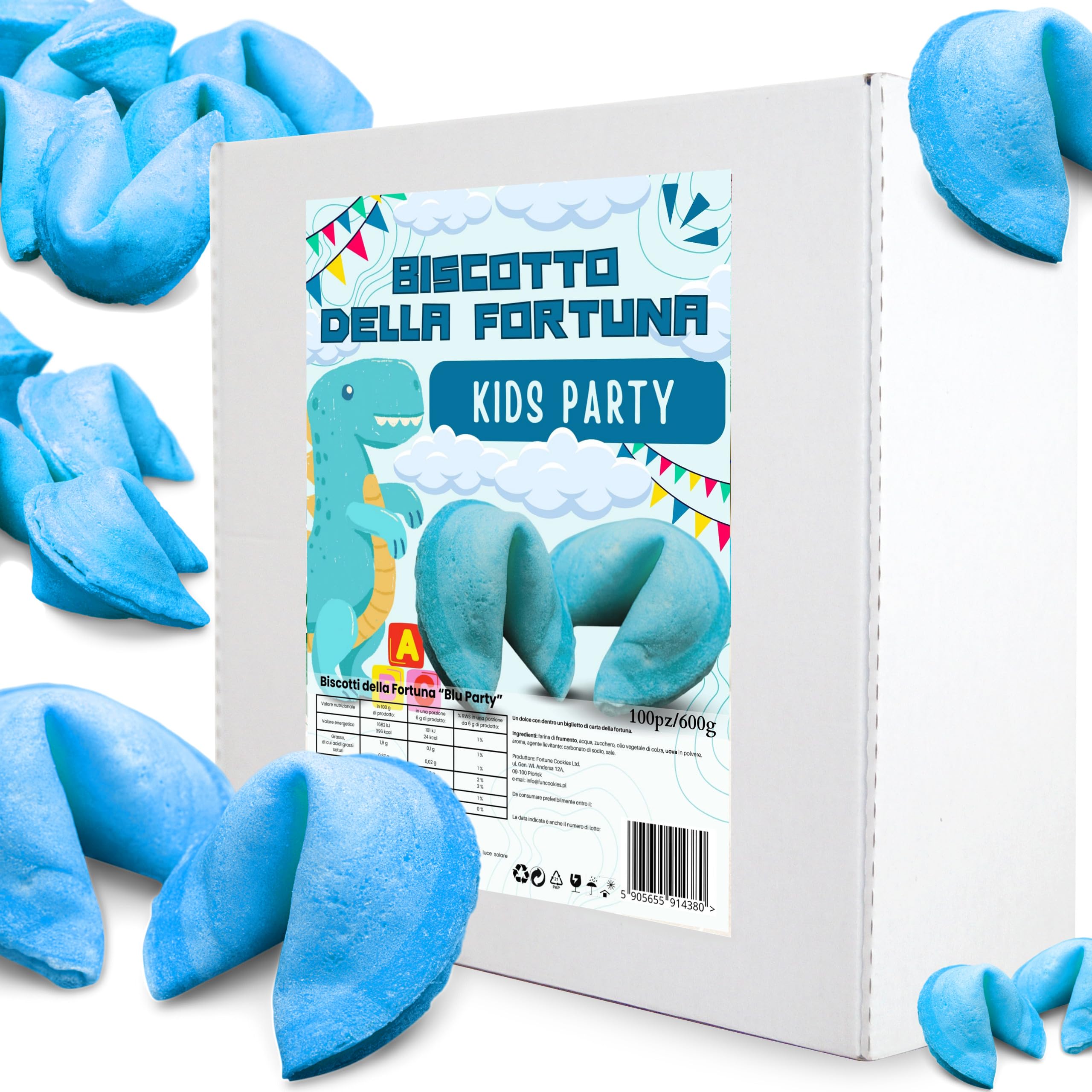 Biscotti cinesi della fortuna, biglietti profetici, biscotti blu, per regalo, compleanno del bambino, festa, per gli ospiti, per la festa, biscotti di buona fortuna, magia, gusto vaniglia (100 pezzi)