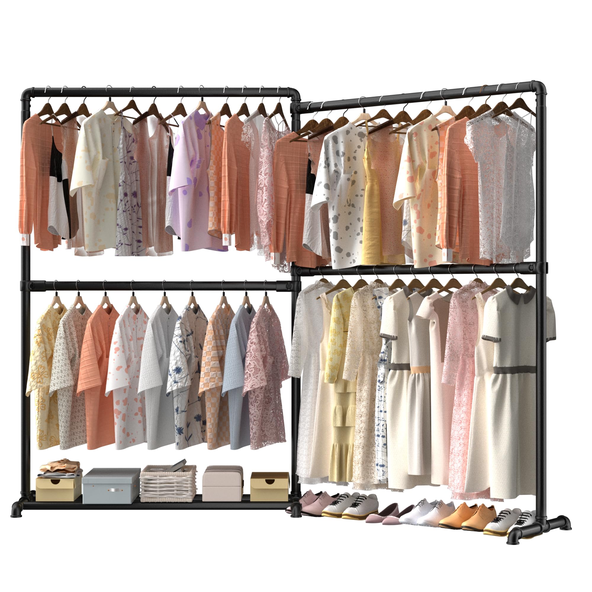 LOEFME Heavy Duty Clothes Rail with 360° Foldable Side Arms, Freestanding Metal Clothes Rack with Bottom Storage Shelf for Bedroom or Shop, 150 kg Load Capacity (Black)