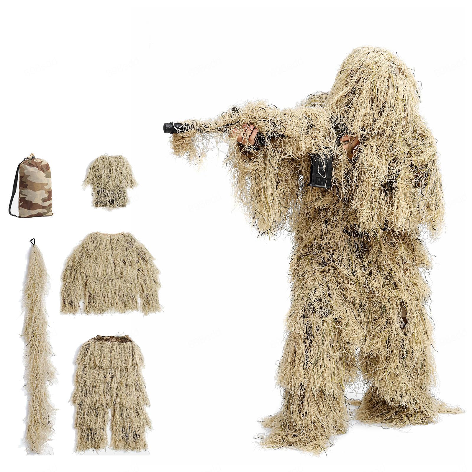 5-Teilige 3D Ghillie Suit Camouflage Jagdbekleidung Tarnanzug Herren Einschließlich Jacke,Hose,Kapuze,Tragetasche Tarnumhang für Paintball, Halloween-Kostüm,DryGrass-Adults