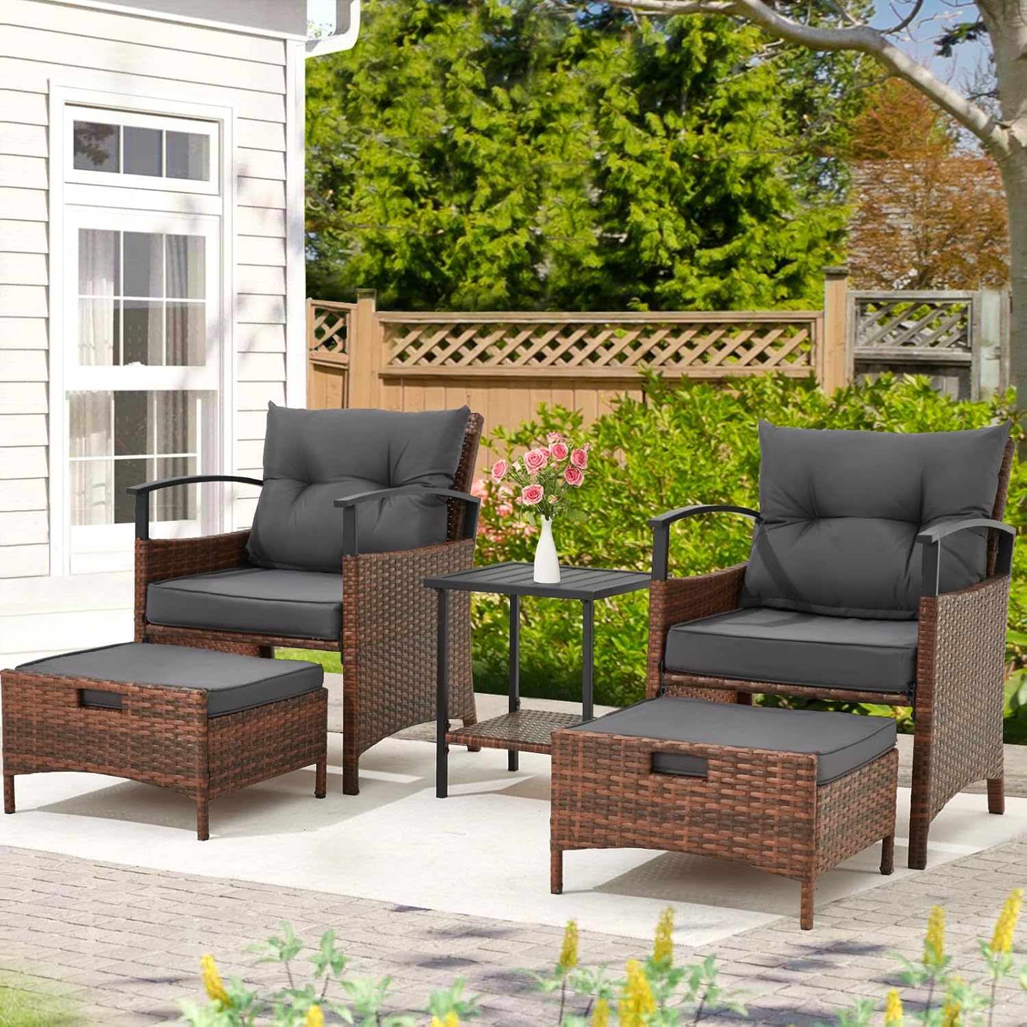 AVAWING 5 Pieces Wicker Patio Conversation Set, Outdoor Rattan Chairs with Ottoman, Metal Coffee Table, & Cushions, Outside Furniture Sets for Garden, Deck, Backyard, Poolside(Dark Grey)