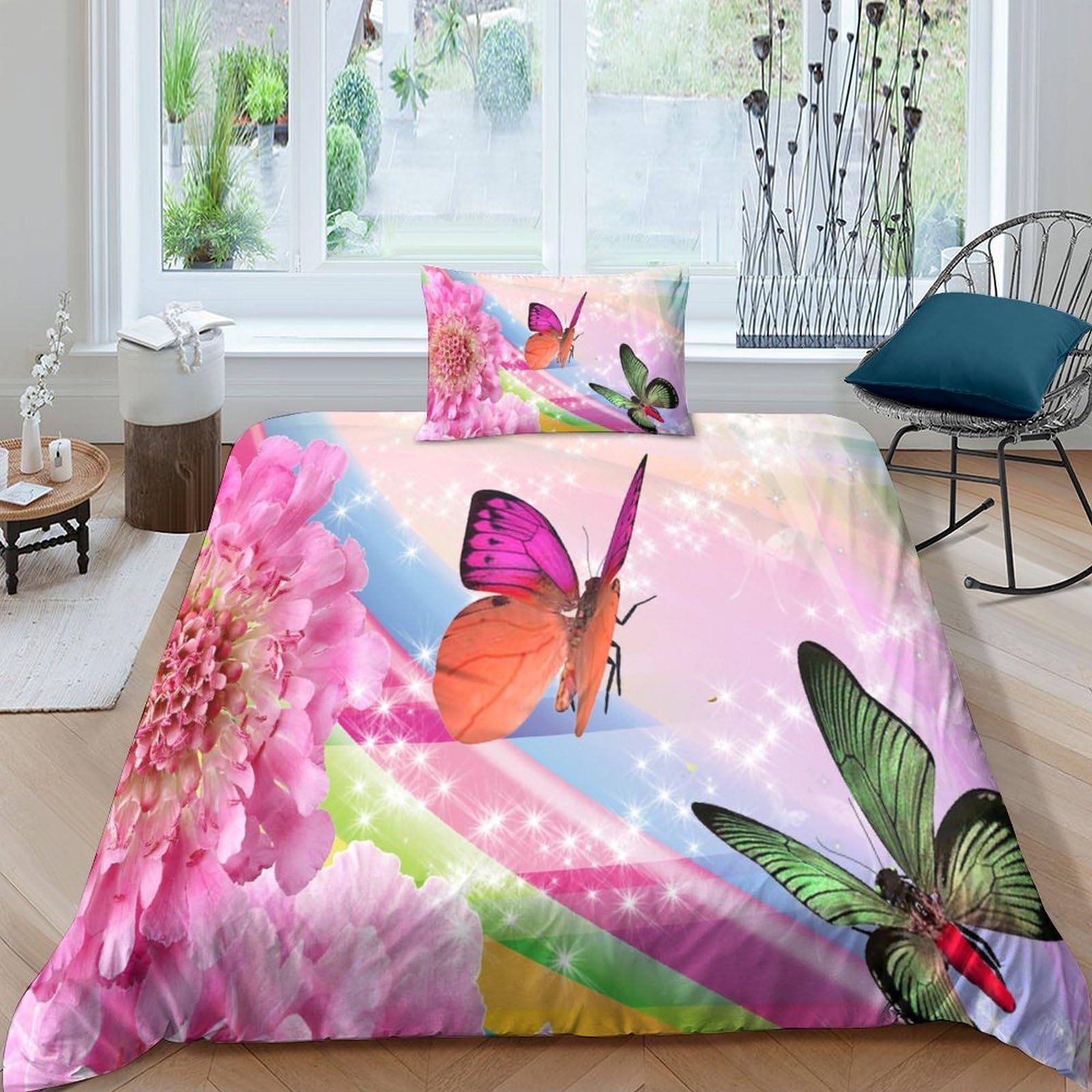 Housse de couette papillons et fleurs 135x200cm avec 2 taies d'oreiller pour lit simple