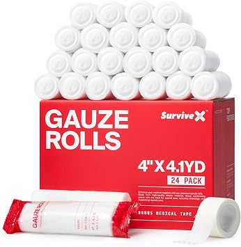 SurviveX - 4" Stretch Gauze Roll Conforming Medical Bandage Wrap for Wound Care, First Aid, and Injury Dressing, 24 Count