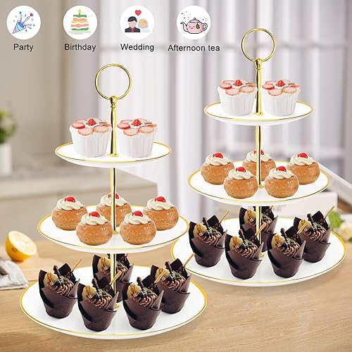 Miniatura 7 de Coitak Juego de 5 soportes para cupcakes, 2 soportes para cupcakes de 3 niveles con 3 bandejas de aperitivos, bandeja de torre de postre para fiesta