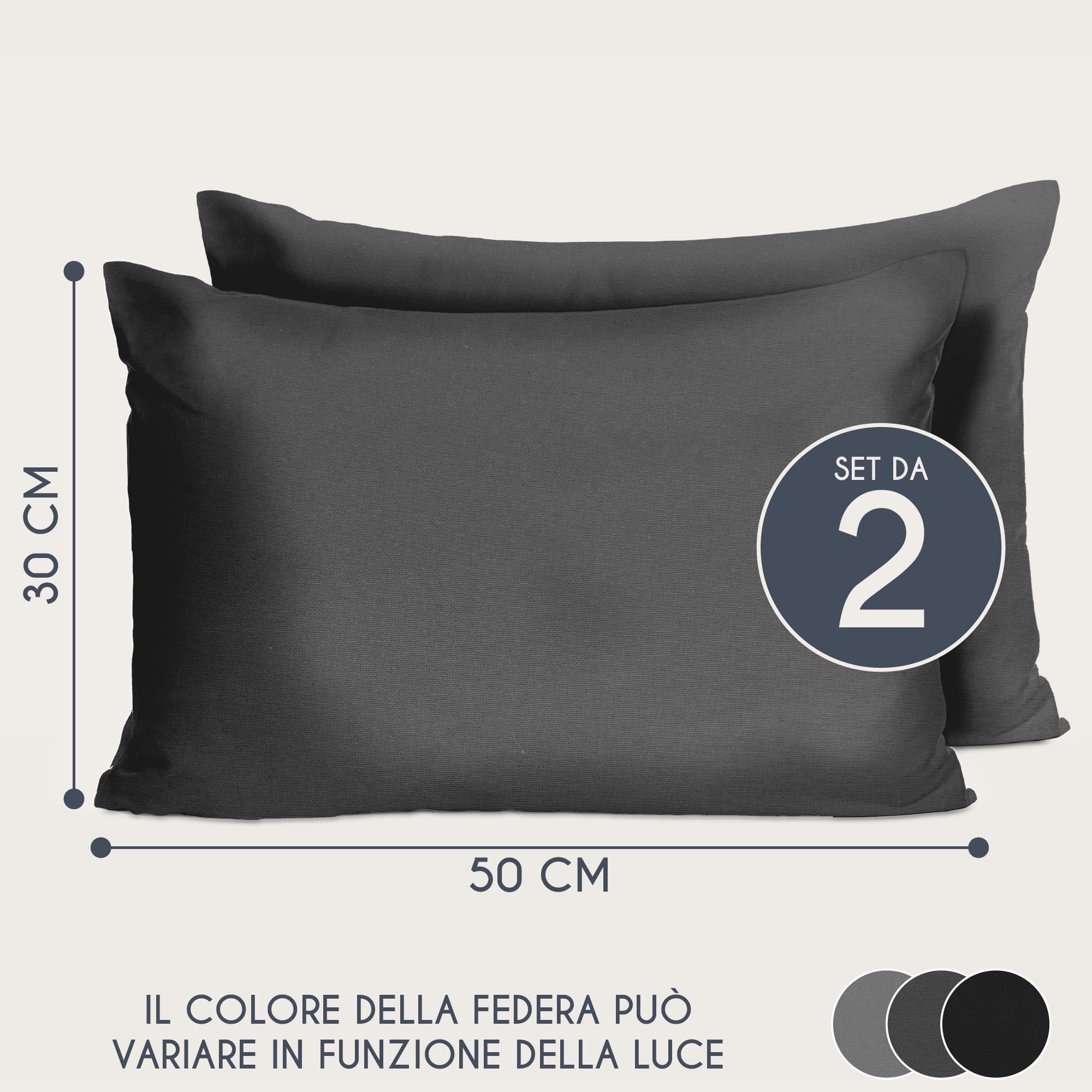 Dreamzie Federe 30x50 Cotone Rinforzato (Set da 2) - Antracite - Trama Fitta a 57 Fili/cm² - Federe Cuscini 30x50 cm - Federe Cuscino 30x50 Certificate Oeko Tex