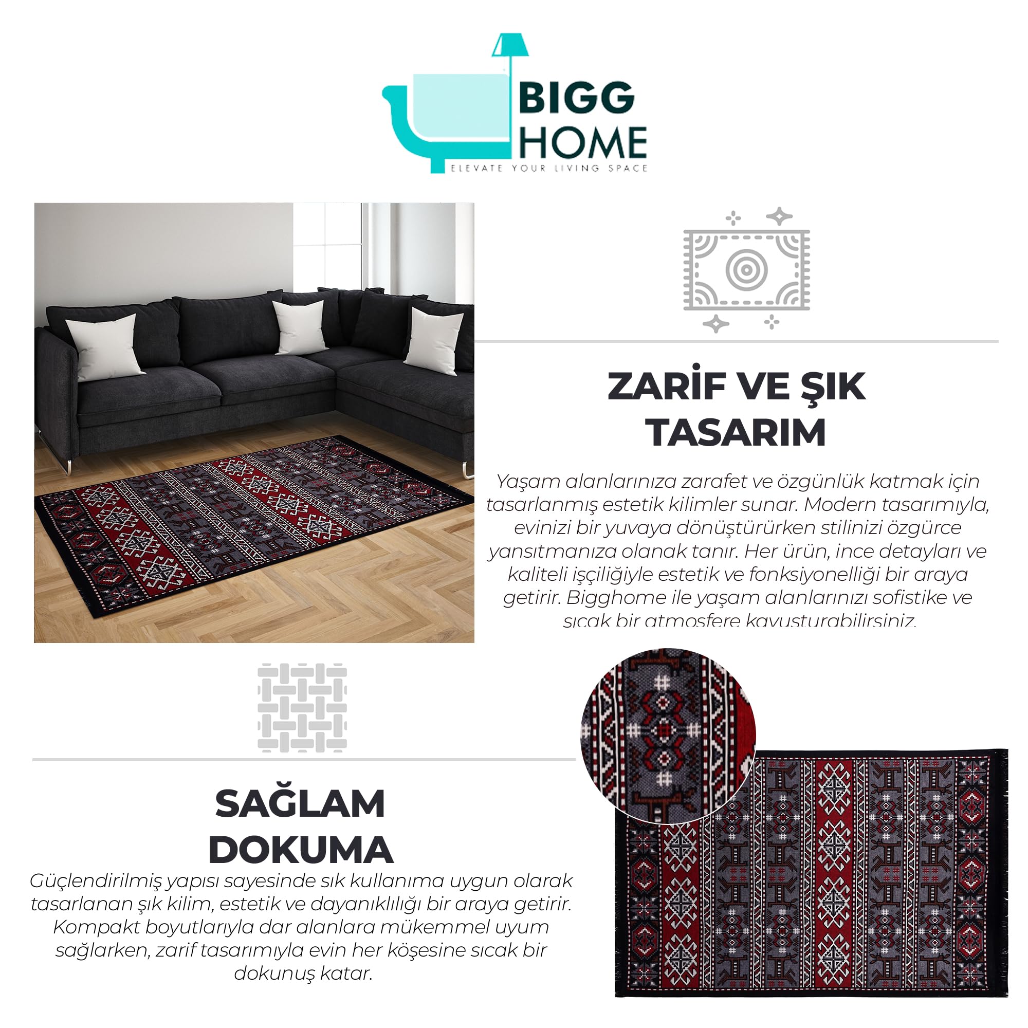 Bigghome Kilim, Makinede Yıkanabilir, Modern Desenli, 80 * 150 cm, SA25HC