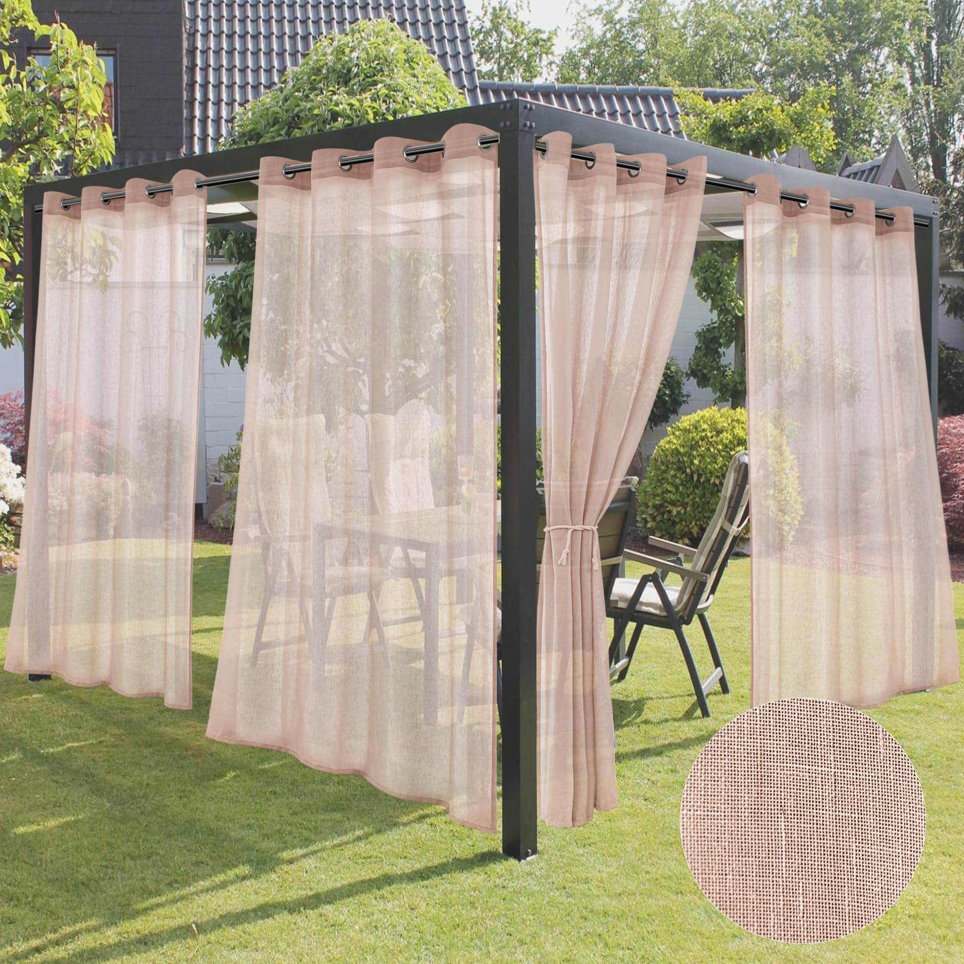 HolidayIdeas 4 Panels Outdoor Sheer Curtains for Patio Waterproof-Blush Linen Semi Voile Indoor Sheer Curtains, Light Filtering Privacy Drapes for