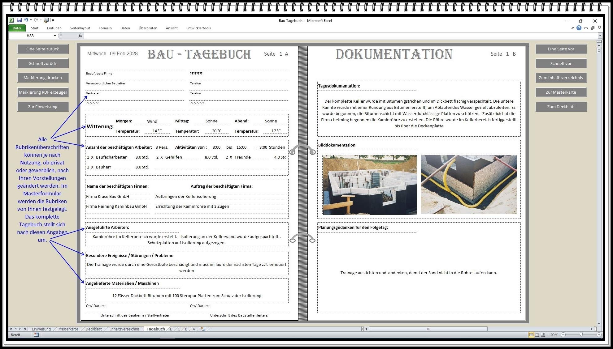 Digitales Bautagebuch Software für Bauführer und Bauherren Handbuch zur Dokumentation nach HOAI Vorlage am Bau für Bauberichte Bauherrentagebuch. Geschenkidee für Bauherren