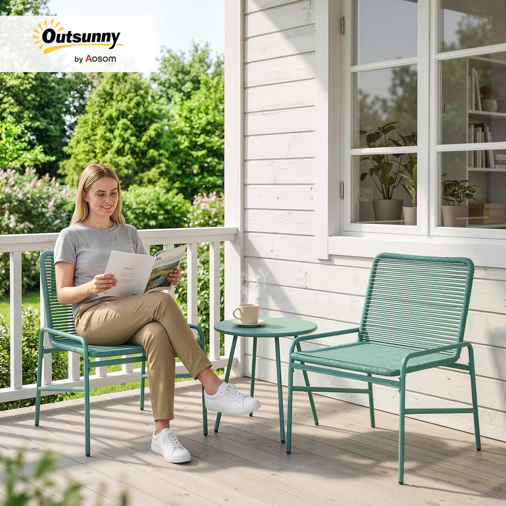 Outsunny Salon de Jardin Extérieur 3 Pièces en Résine Tressée, Table de Jardin Ronde avec 2 Chaises, Pieds Ajustables, Cadre en Acier Galvanisé, Mobilier de Jardin pour Balcon Terrasse Patio, Vert
