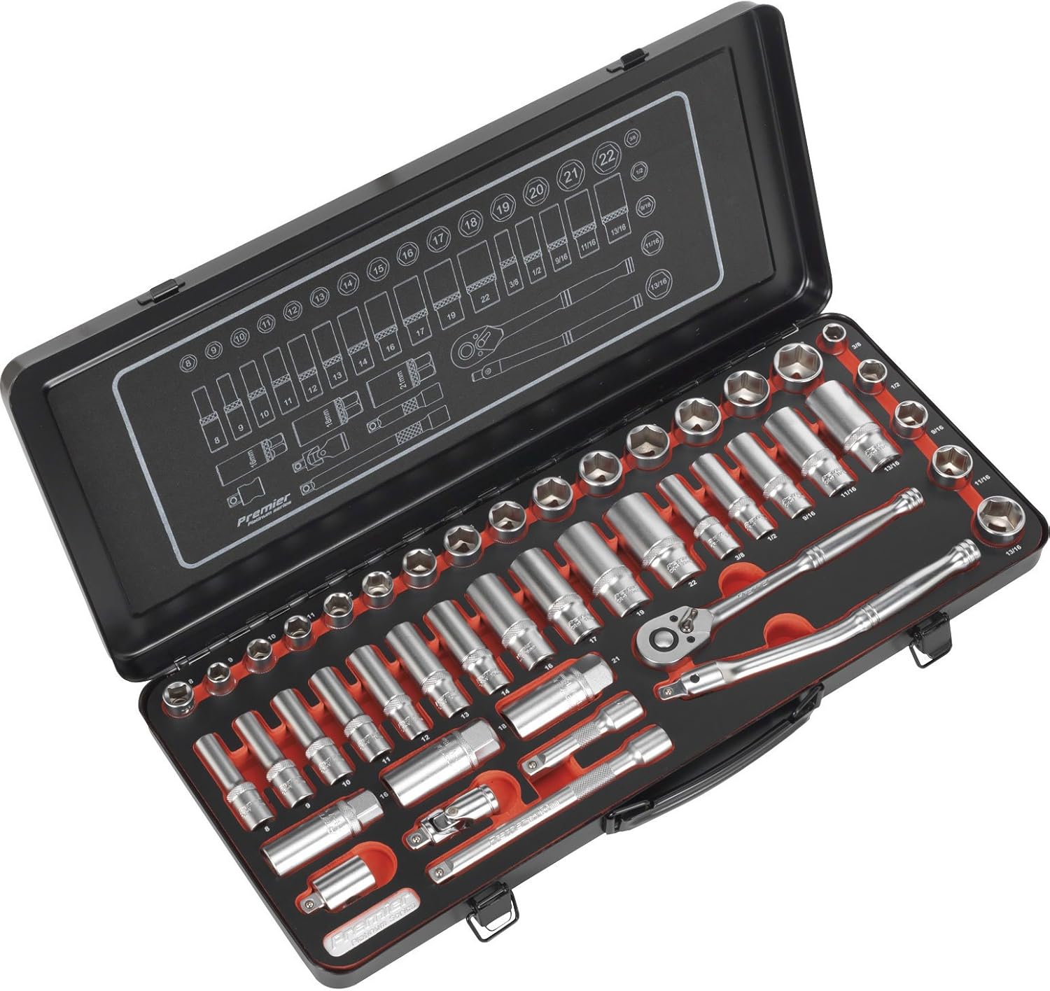 Sealey Socket Set 45pc 3/8"Sq Drive 6pt WallDrive - DuoMetric Platinum Series