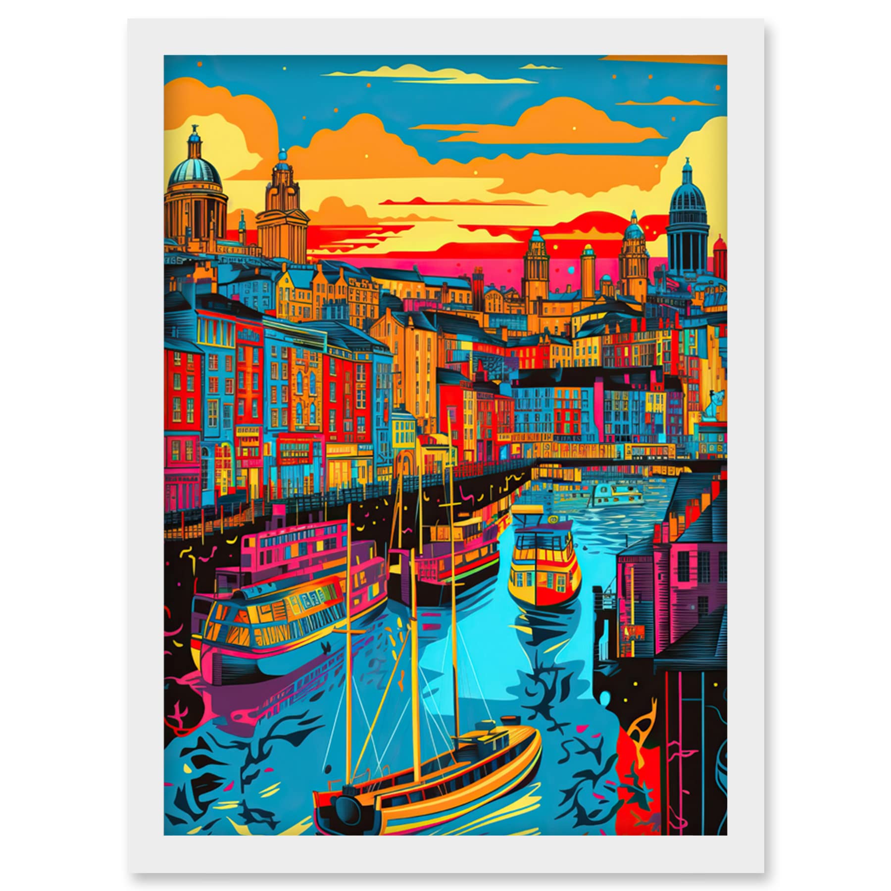 Artery8 Vibrant Liverpool City Waterfront Sunset Cityscape Artwork Framed Wall Art Print A4