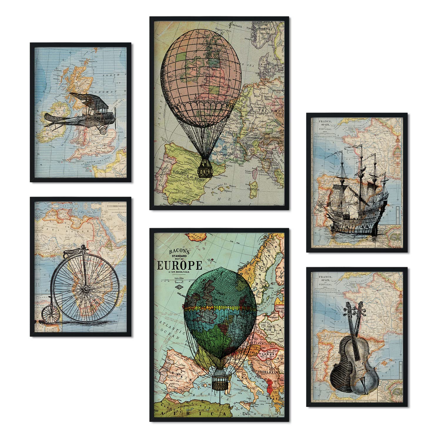 Nacnic Set di 6 poster di mappe d'epoca. Raccolta di piatti con collage estetico per la decorazione d'interni. Taglie A3 e A4. Con cornice nera.