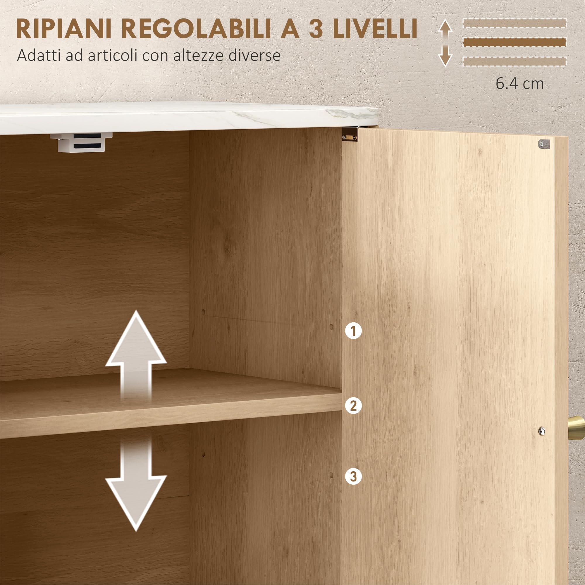HOMCOM Armadietto Bagno a Parete, Mobile da Bagno Pensile con Ripiano Aperto e Ante Decorate, Piano Effetto Marmo, 60x18x70 cm, Rovere