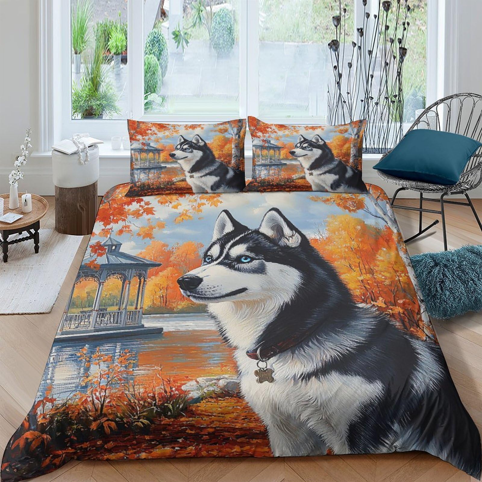 Ctjqhvkz Style-1 3D Printed Autumn Forest Husky Fitted Sheet Microfiber Soft Washable Dog Pattern Mattress Cover For Bedroom Decor Single（135X200cm）