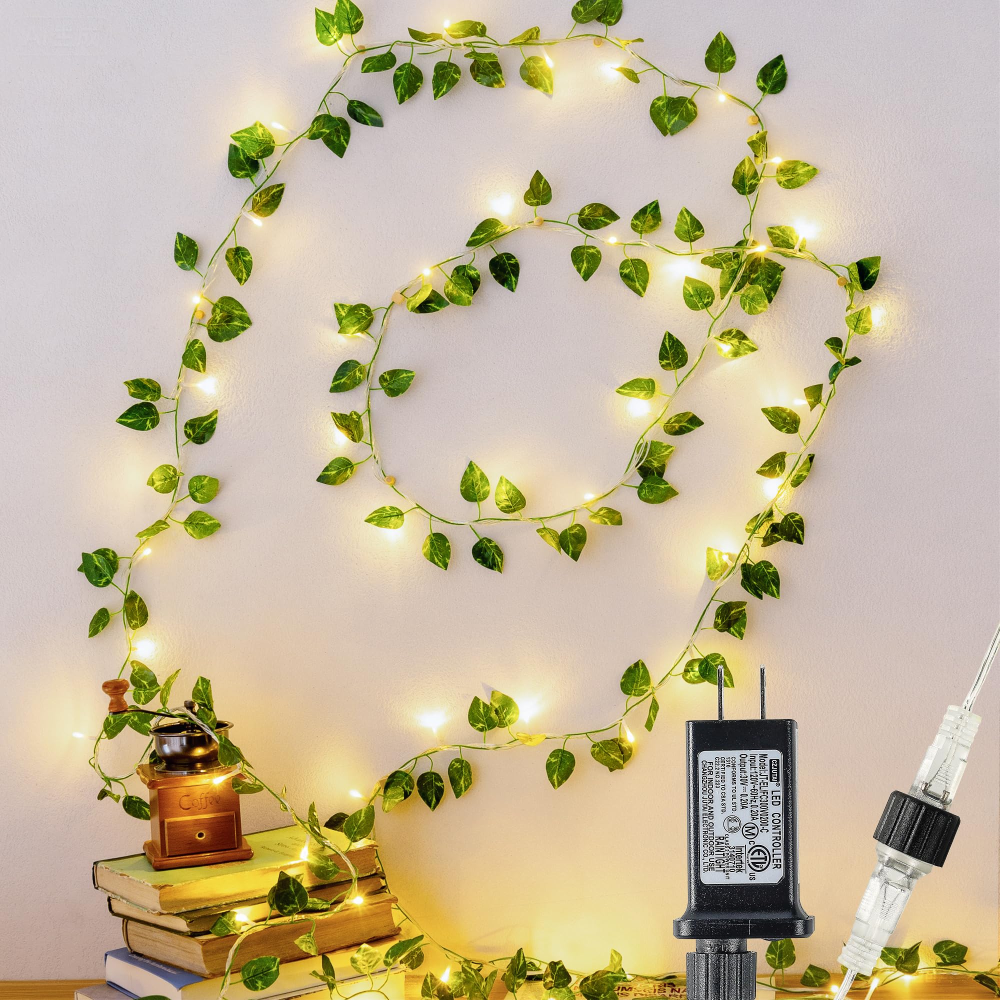HEYFUNi Vines with Lights, 23 Ft 73 Led Faux Pothos String Lights Plug in, Leaf Lights for Bedroom, Wall, Balcony, Wedding Decor, Warm White