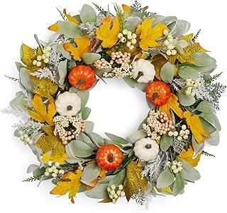 Fall Wreaths for Front Door, 22-24” Seasonal Wreath Decorations with Pum...