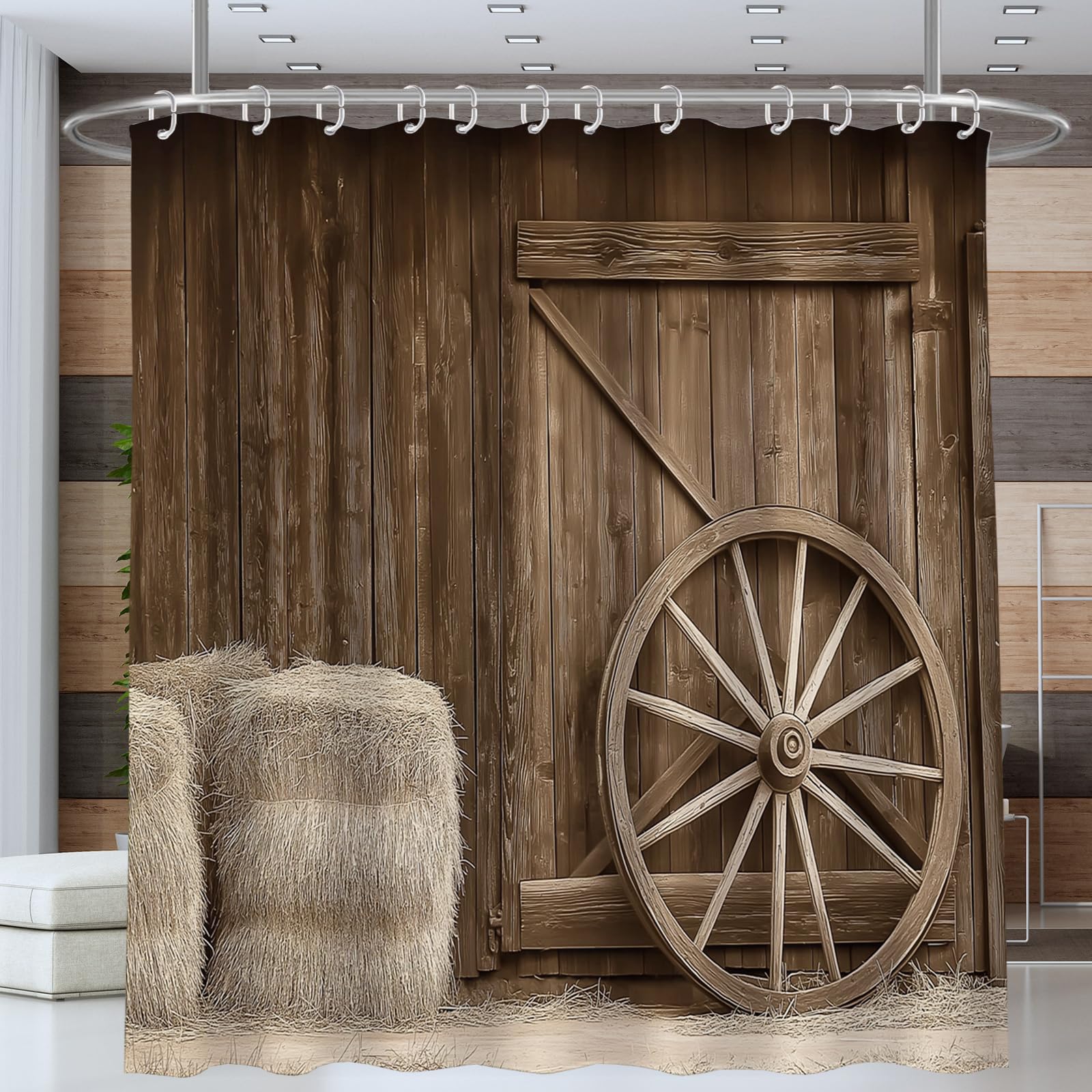 Rideau de Douche Porte En Bois À Roulettes Polyester Anti Moisissure Lavable Imperméable Tissu Rideaux de Douche Crochets en C Bâtiments Agricoles Salle de Bain Domicile Baignoire Cabine,Hôtel Tanné
