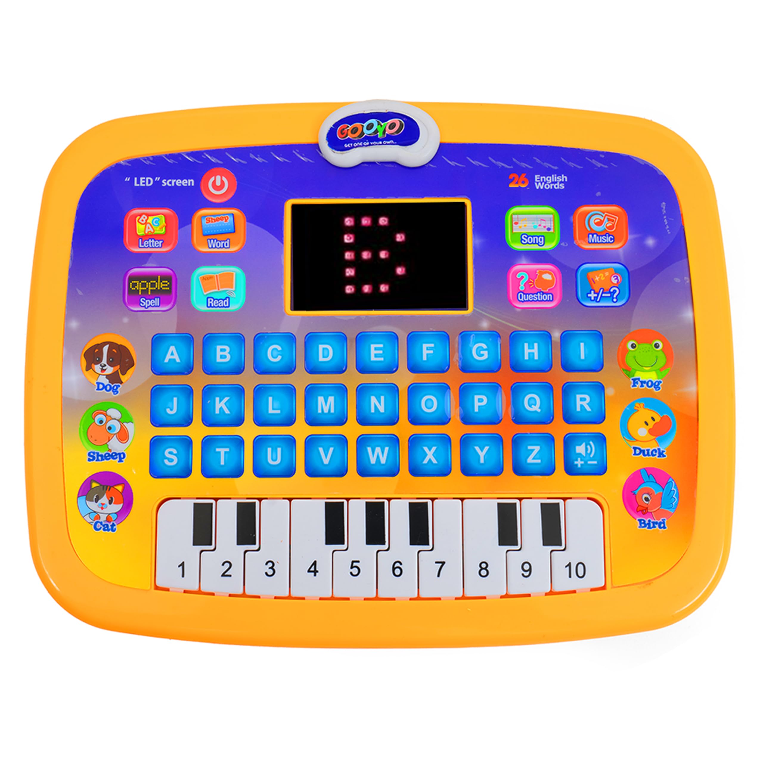 Gooyo GY-2025 Play & Learn Early Learning Computer Toy for Kids with LED Screen | Alphabet, Letters, Words, Spelling, Songs & Piano Keys | Power Source: 3xAA Battery (Not Included) | Yellow