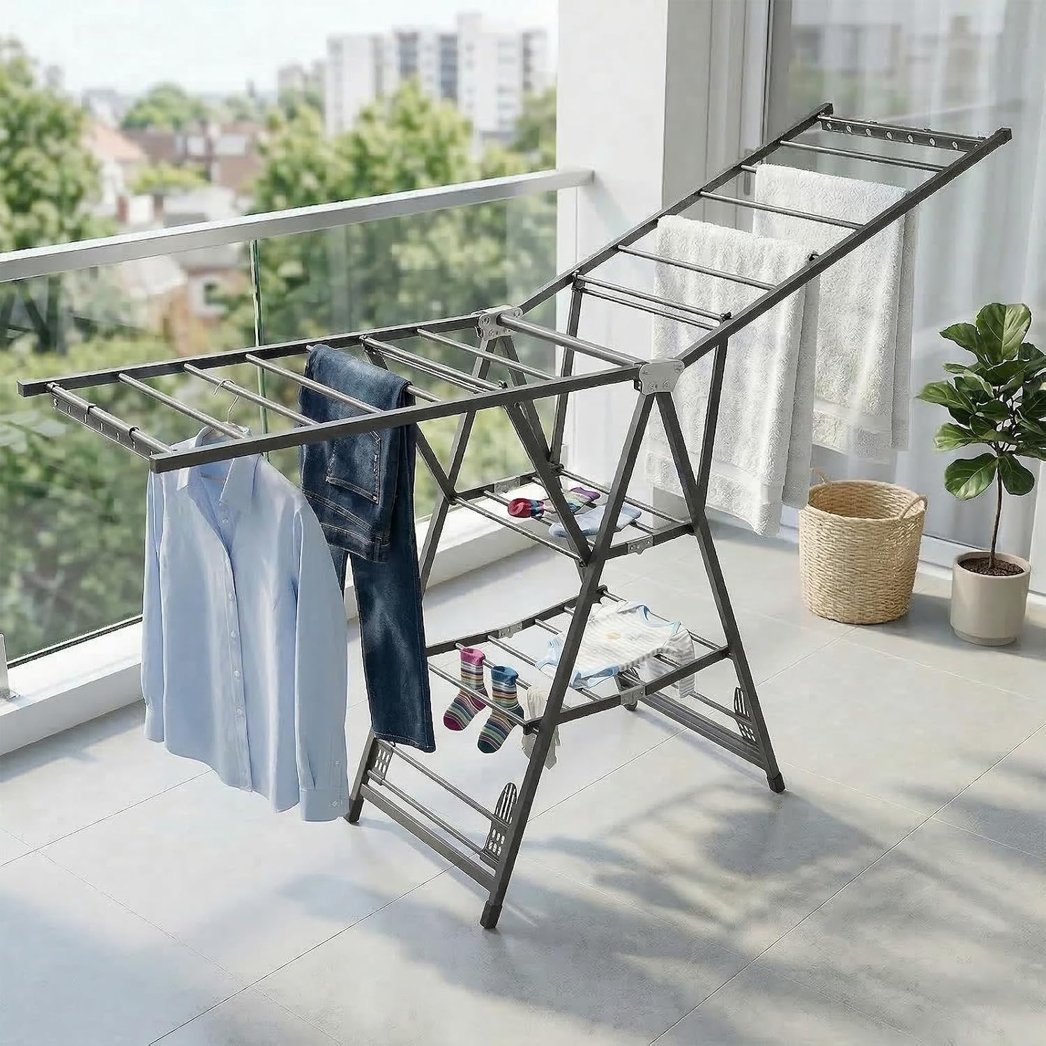 70.87in Clothes Drying Rack Foldable Laundry Drying Rack with Height-Adjustable Wings Space-Saving Metal Laundry Dryer Stand for Indoor Outdoor Windproof Use