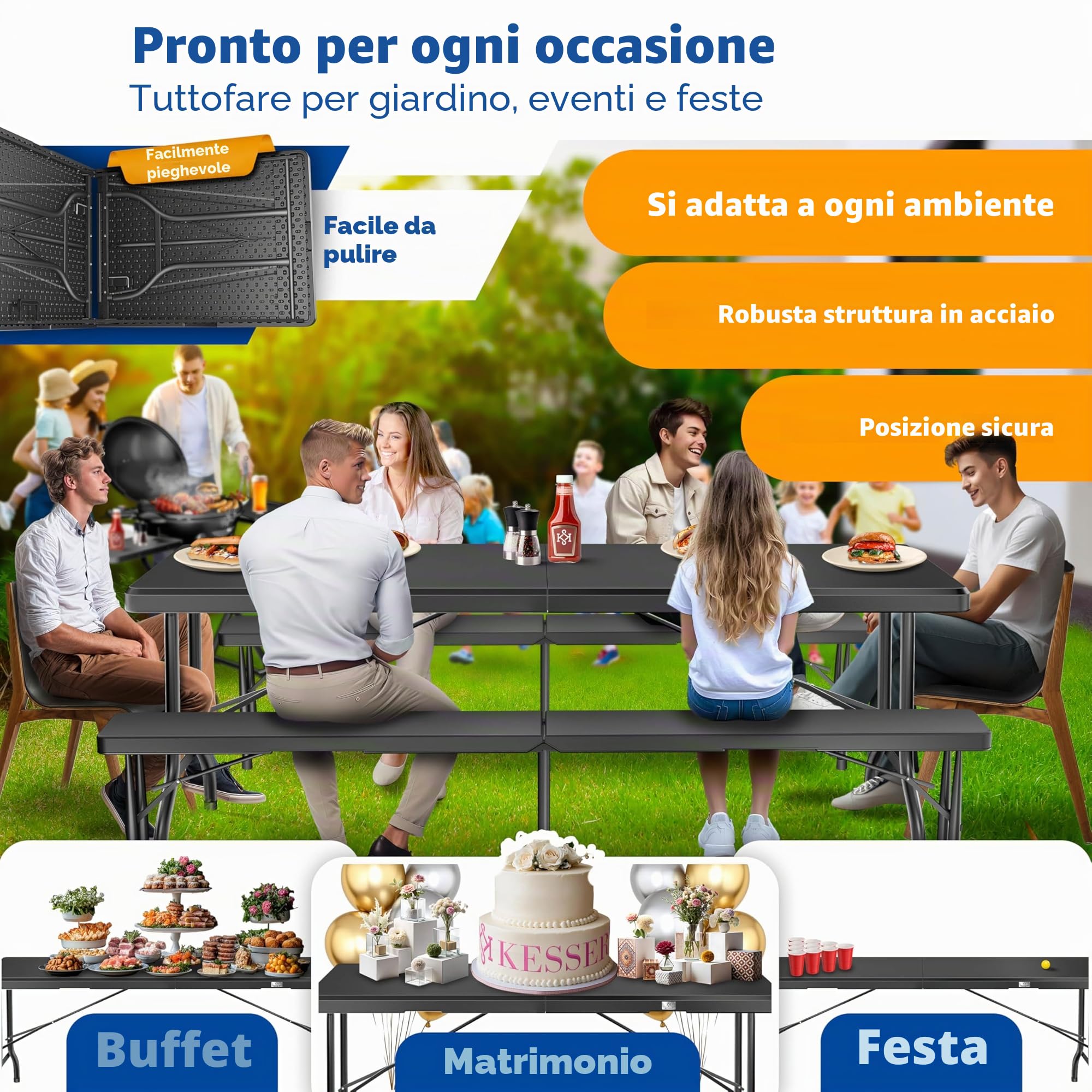 KESSER® Tavolo da buffet Tavolo pieghevole in plastica, 183x76 cm tavolo da campeggio tavolo per feste, tavolo da giardino, terrazza e balcone, per 8 persone inclusa maniglia per il trasporto