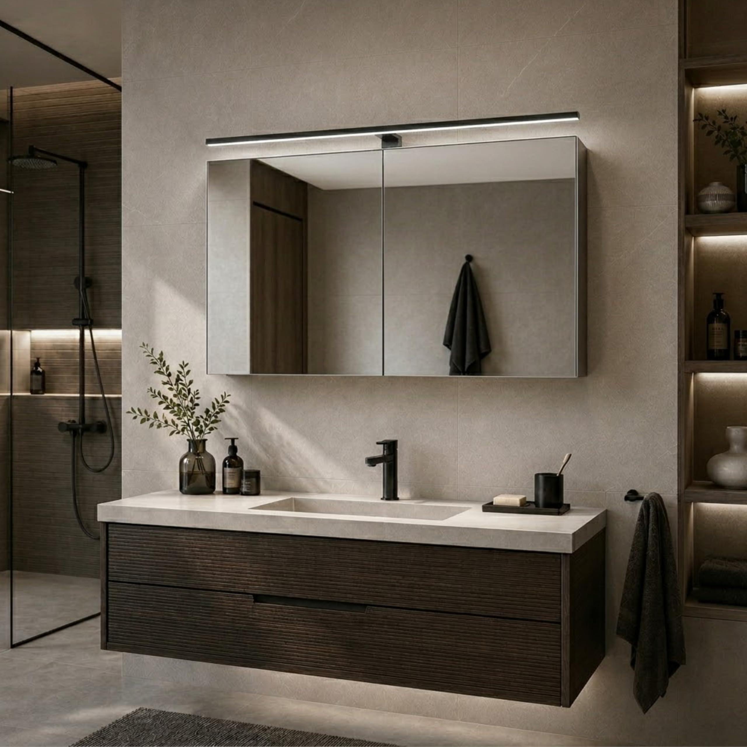 kalb lampada LED bagno Running Light 80 cm IP44, applique specchio effetto luminoso dinamico, 230V, parete o armadietto a specchio, nero/cromo, 3000K/4000K (nero, bianco neutro)