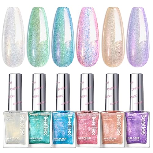 Miniatura 9 de Beetles Juego de esmaltes de uñas con brillantina, 6 colores de perlas pastel de ensueño, kit de esmalte de uñas de secado rápido, brillo de larga