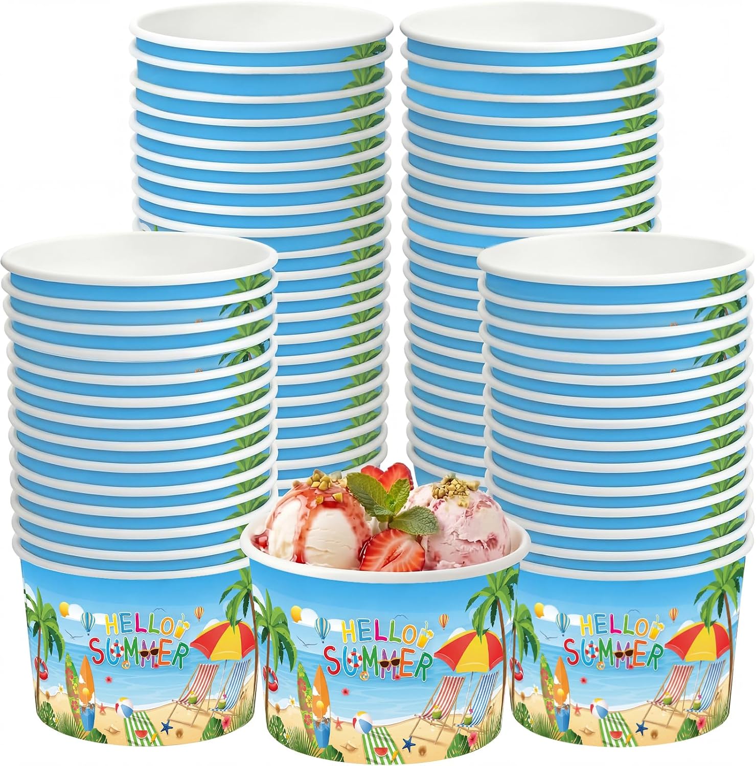 Funnymoom 50 Pack Hello Summer Ice Cream Cups 9 oz Beach Disposable Dessert Bowls Paper Soup Bowl Summer Beach Pool Snack Cup for Hot or Cold Food for Summery Hawaiian Tropical Birthday Party Supplies